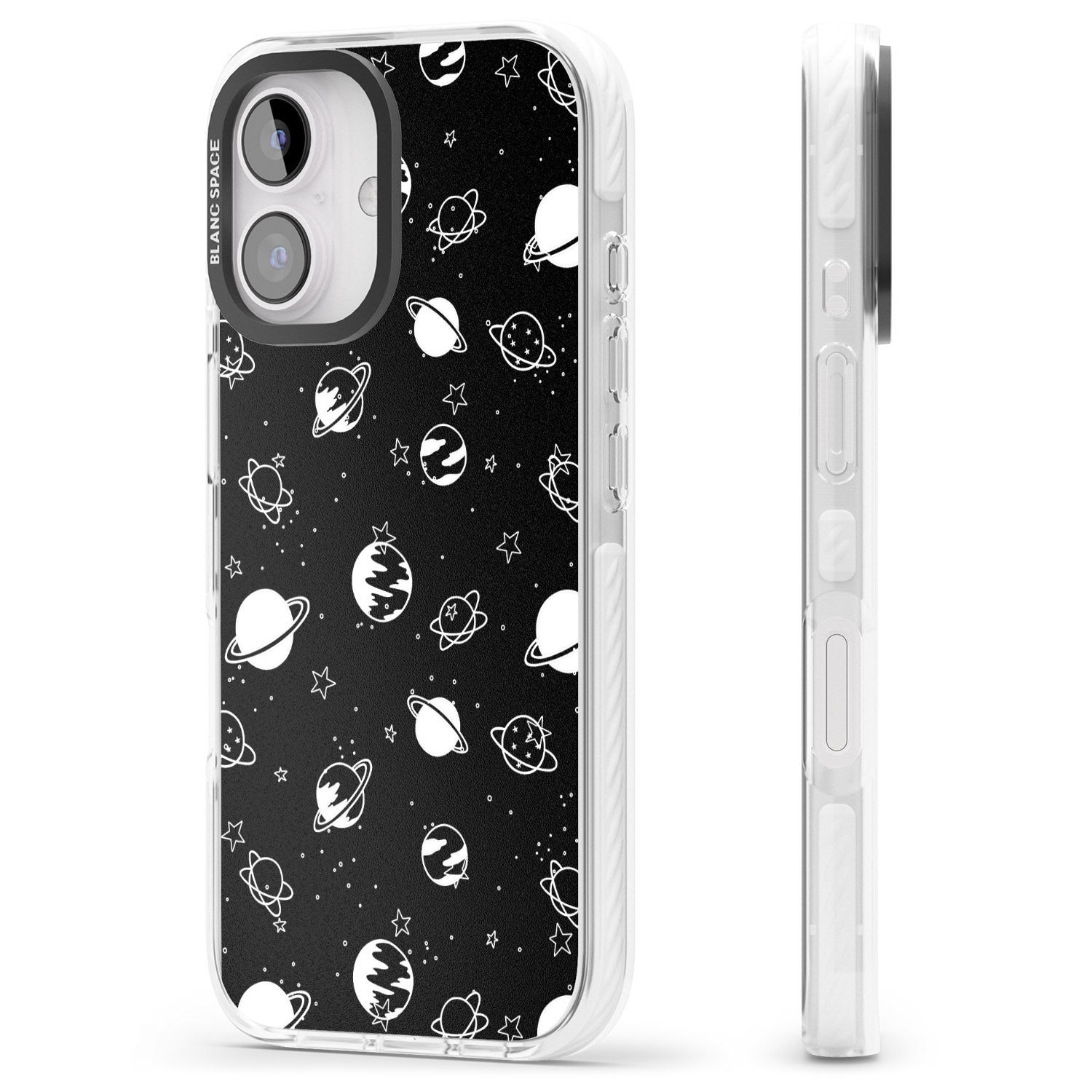 iPhone 16 Pro Max White Planets on Black Black Impact Phone Case