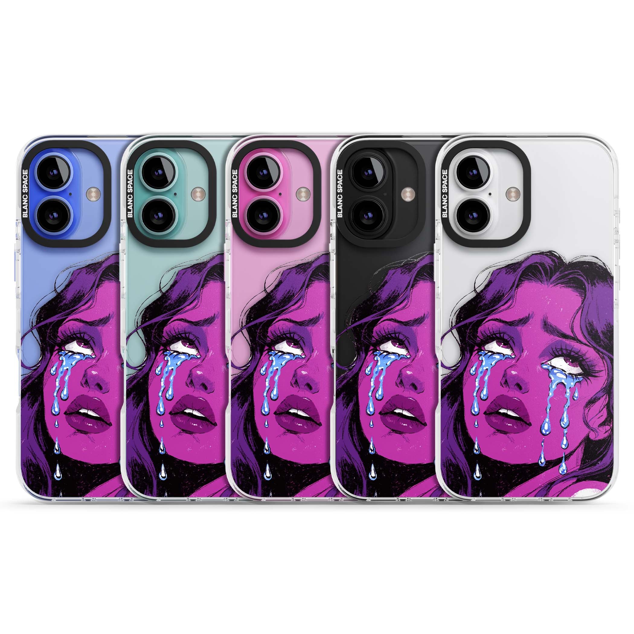 Drama Queen pop art iPhone case featuring a purple crying comic girl with blue tears | Clear Impact case for iPhone 16, iPhone 16 Plus