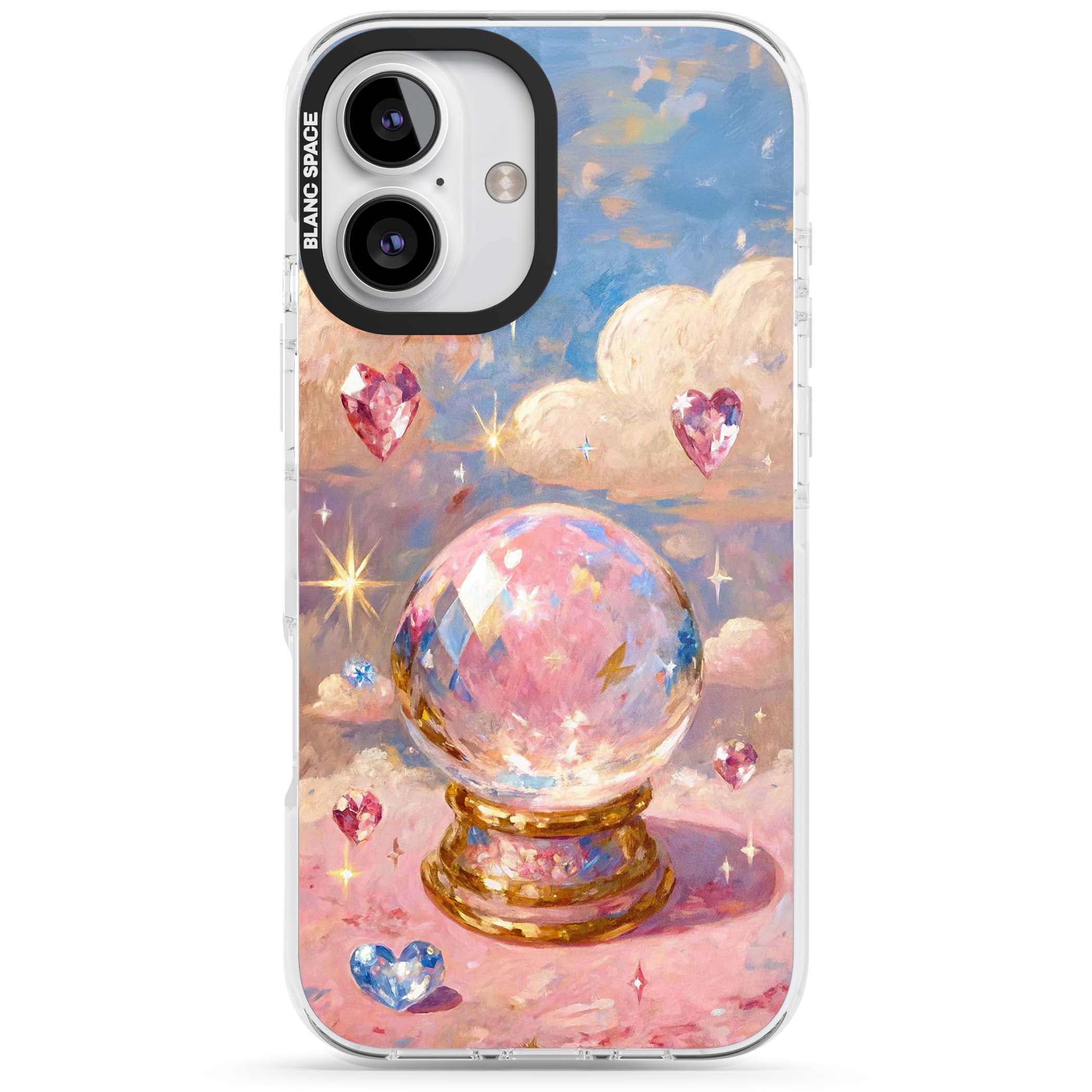 Crystal Ball fairycore iPhone case featuring a painted crystal ball, heart gemstones, and pastel clouds | Clear Impact case for iPhone 16, iPhone 16 Plus