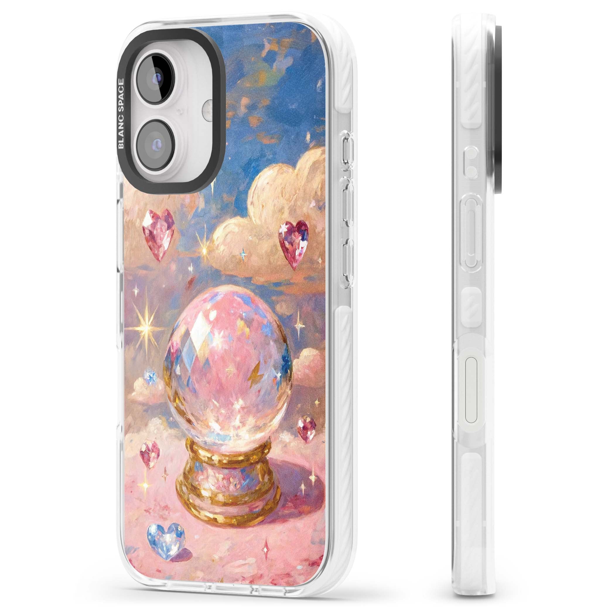 Crystal Ball fairycore iPhone case featuring a painted crystal ball, heart gemstones, and pastel clouds | Clear Impact case for iPhone 16, iPhone 16 Plus