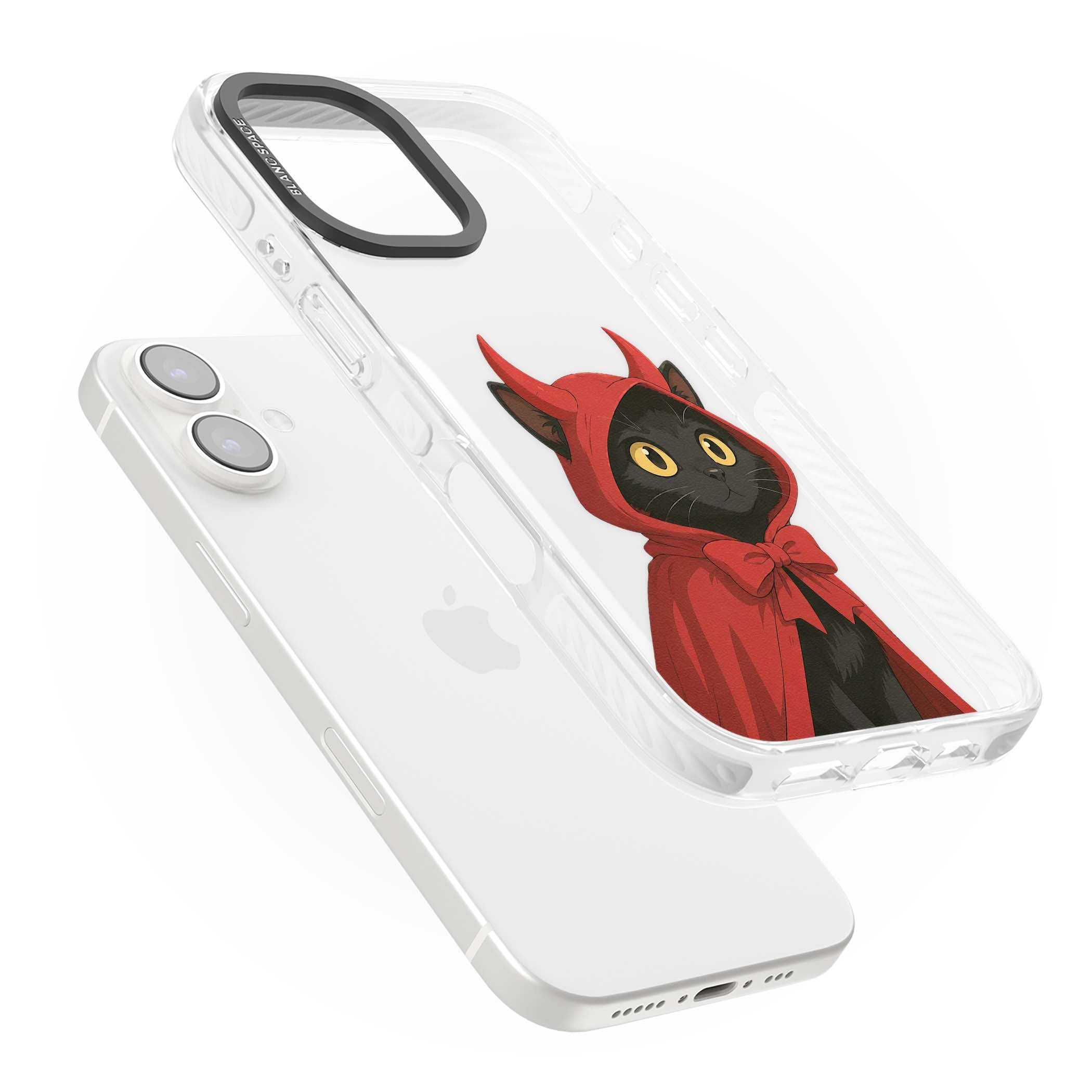 Little Devil halloween iPhone case featuring a black cat in a red hooded devil cloak with horns and golden eyes | Clear Impact case for iPhone 16, iPhone 16 Plus