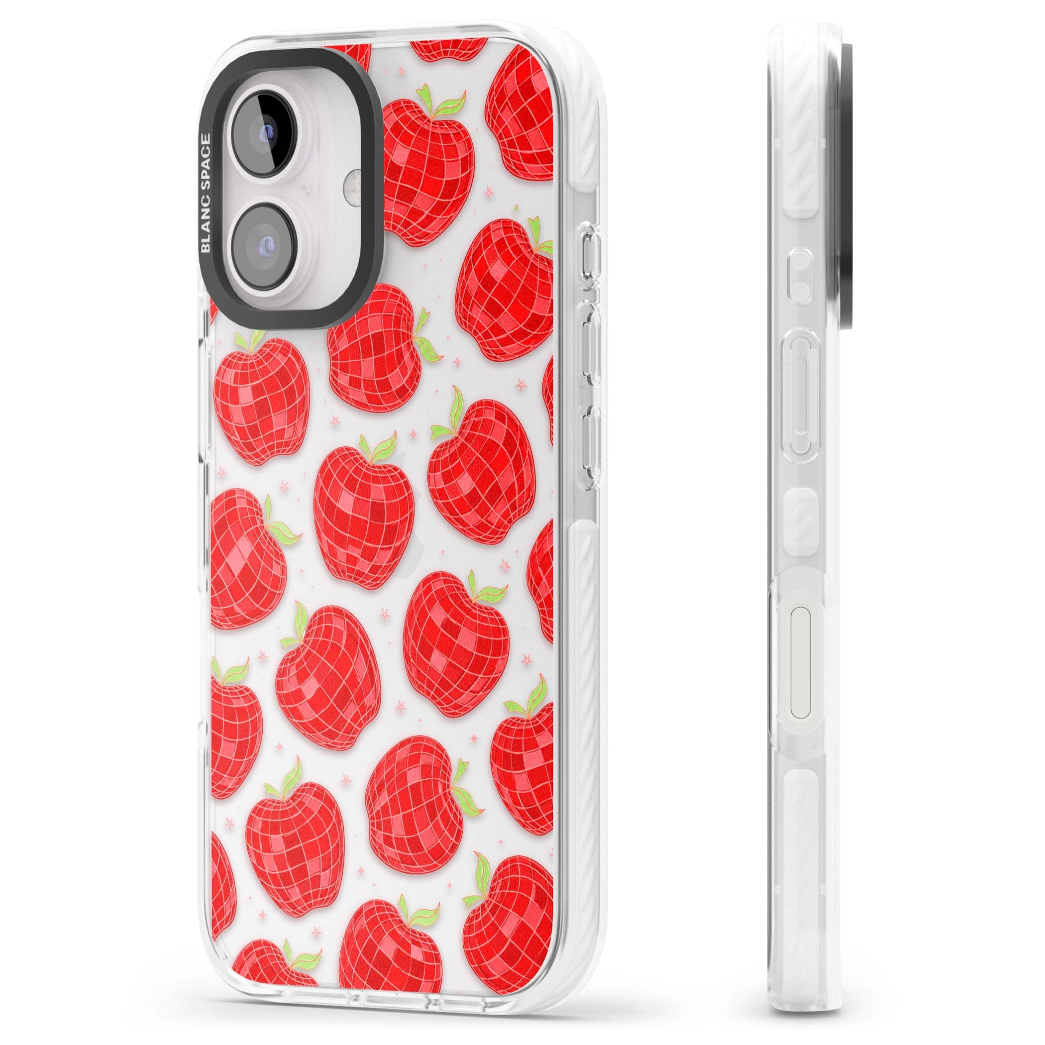 Disco Apples Y2K iPhone case featuring red disco ball apples, green leaves and pink sparkles on clear | Clear Impact case for iPhone 16, iPhone 16 Plus