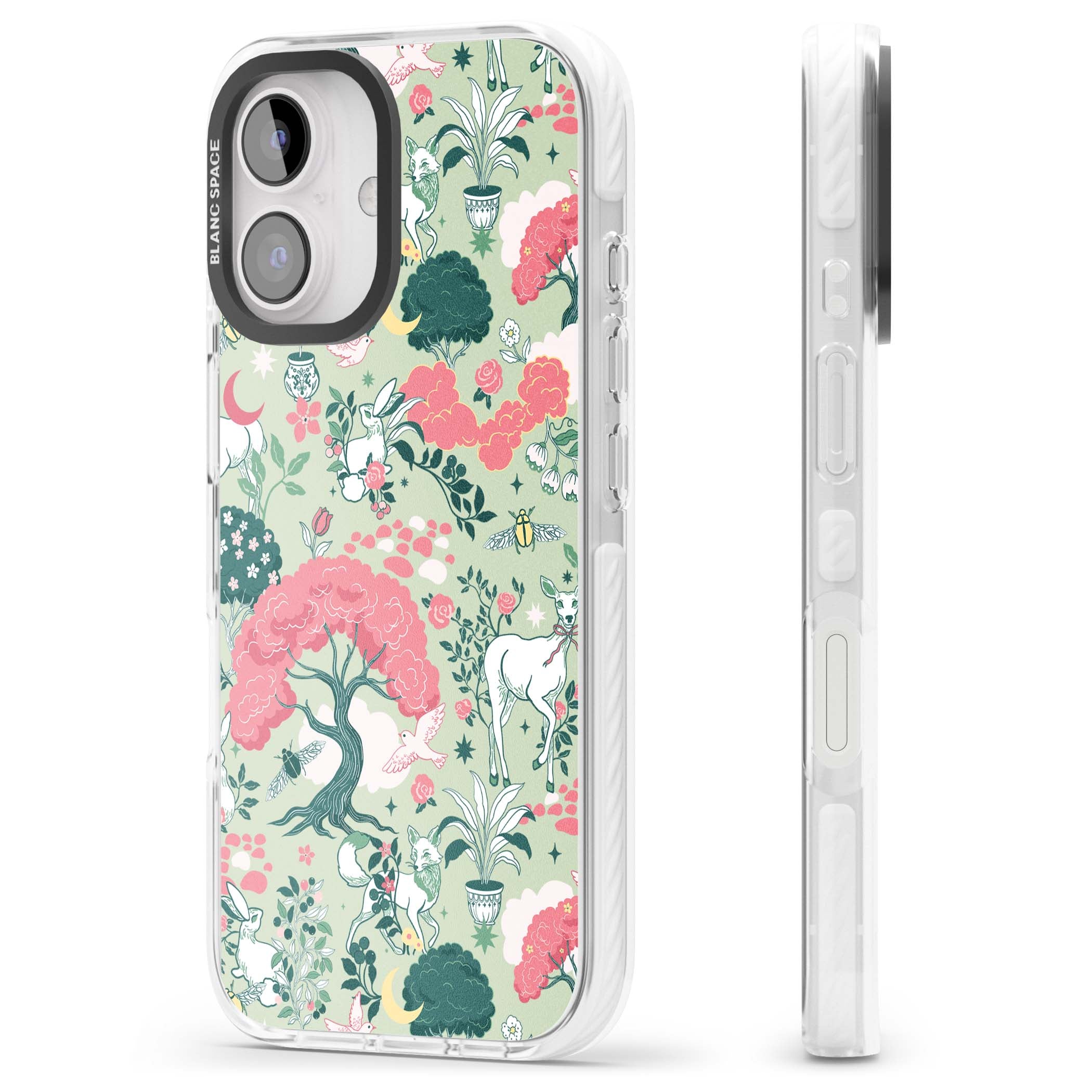 Enchanted Woodland cottagecore iPhone case featuring white deer, pink roses, mushrooms and woodland animals on sage green | Clear Impact case for iPhone 16, iPhone 16 Plus