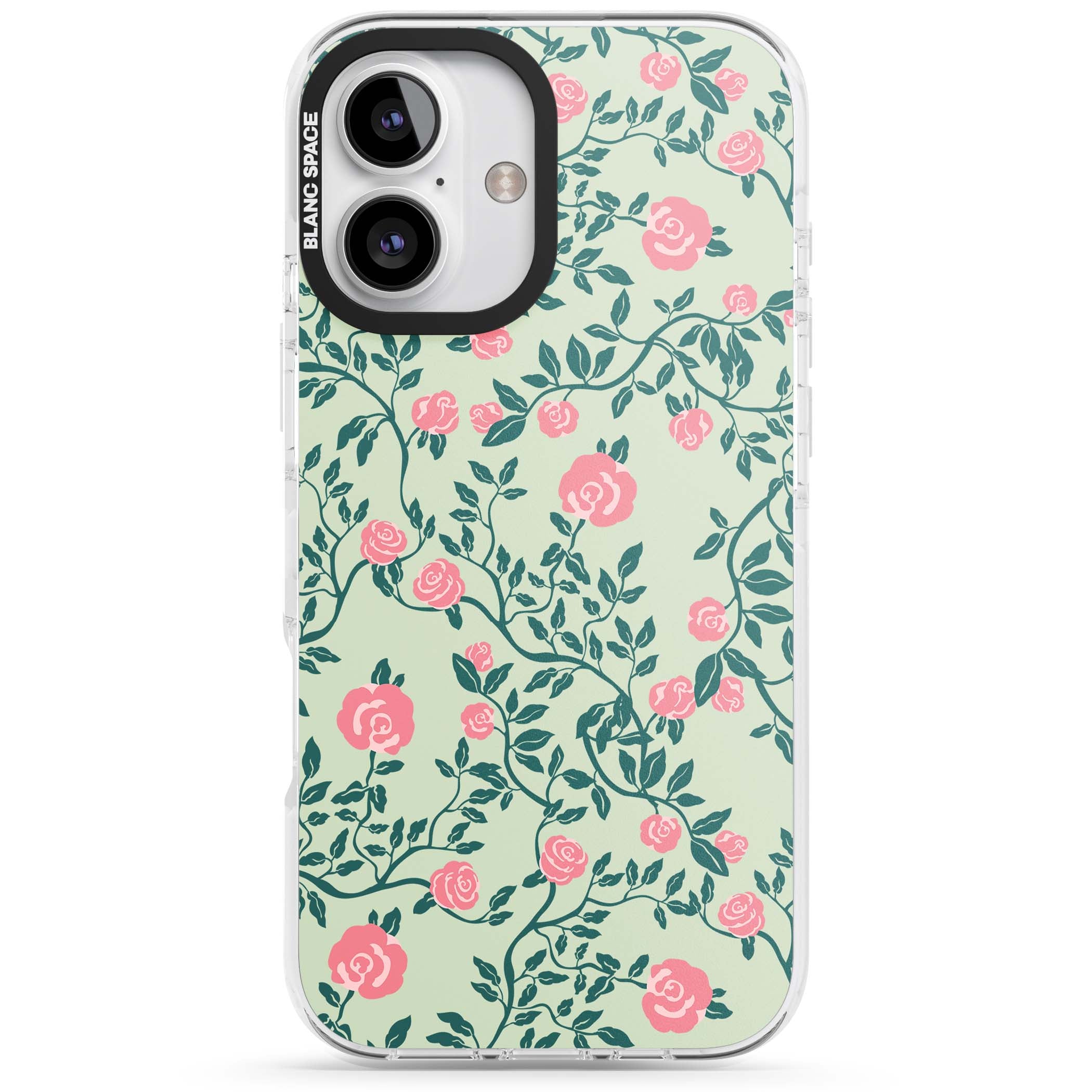 Rose Trellis cottagecore iPhone case featuring pink roses, sage green vines, and mint background | Clear Impact case for iPhone 16, iPhone 16 Plus