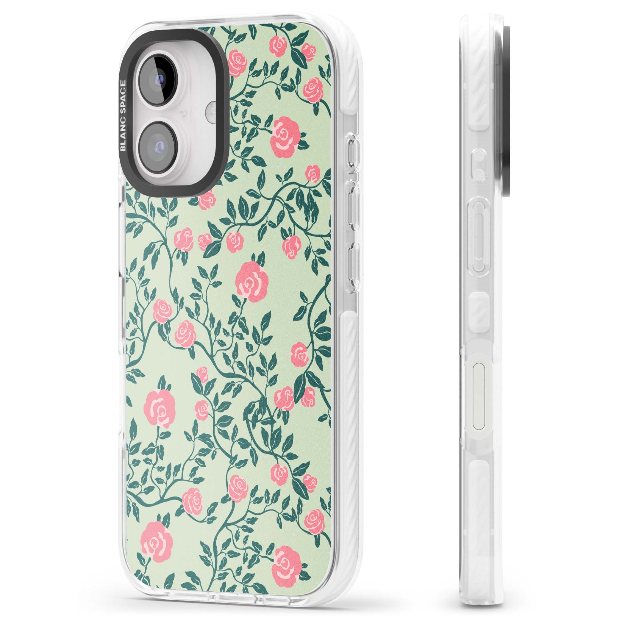 Rose Trellis cottagecore iPhone case featuring pink roses, sage green vines, and mint background | Clear Impact case for iPhone 16, iPhone 16 Plus