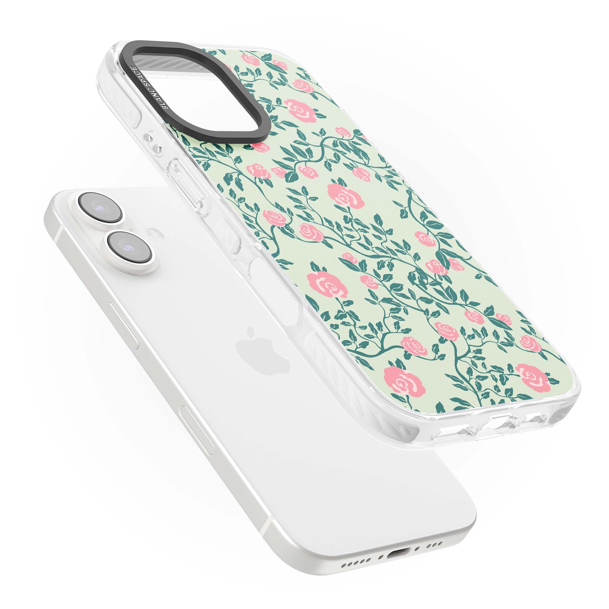 Rose Trellis cottagecore iPhone case featuring pink roses, sage green vines, and mint background | Clear Impact case for iPhone 16, iPhone 16 Plus