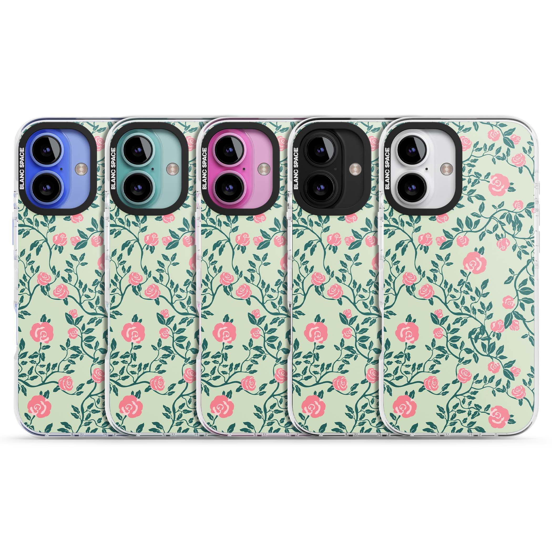 Rose Trellis cottagecore iPhone case featuring pink roses, sage green vines, and mint background | Clear Impact case for iPhone 16, iPhone 16 Plus