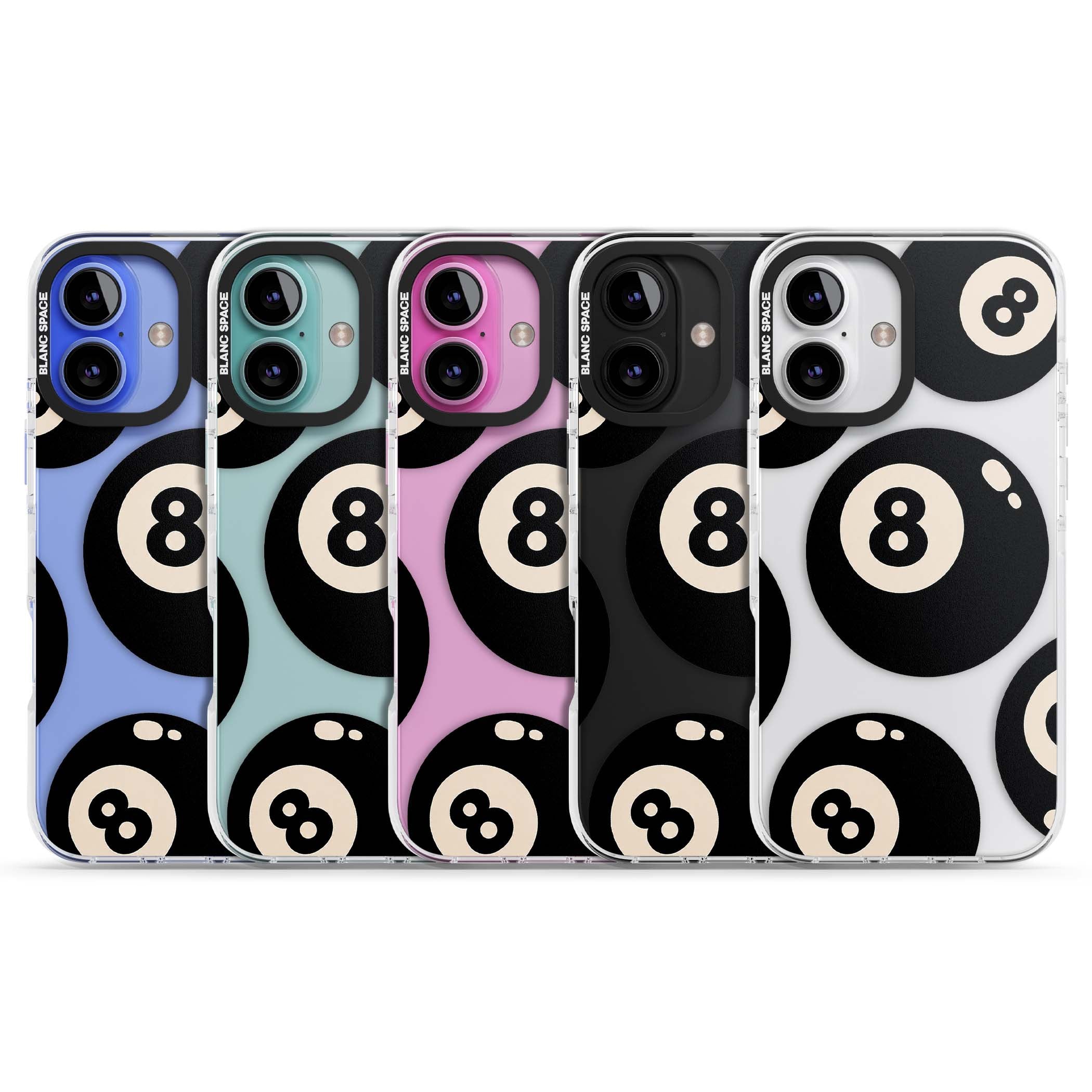 Eights y2k iPhone case featuring scattered black 8 balls with cream highlights on a clear background | Clear Impact case for iPhone 16, iPhone 16 Plus