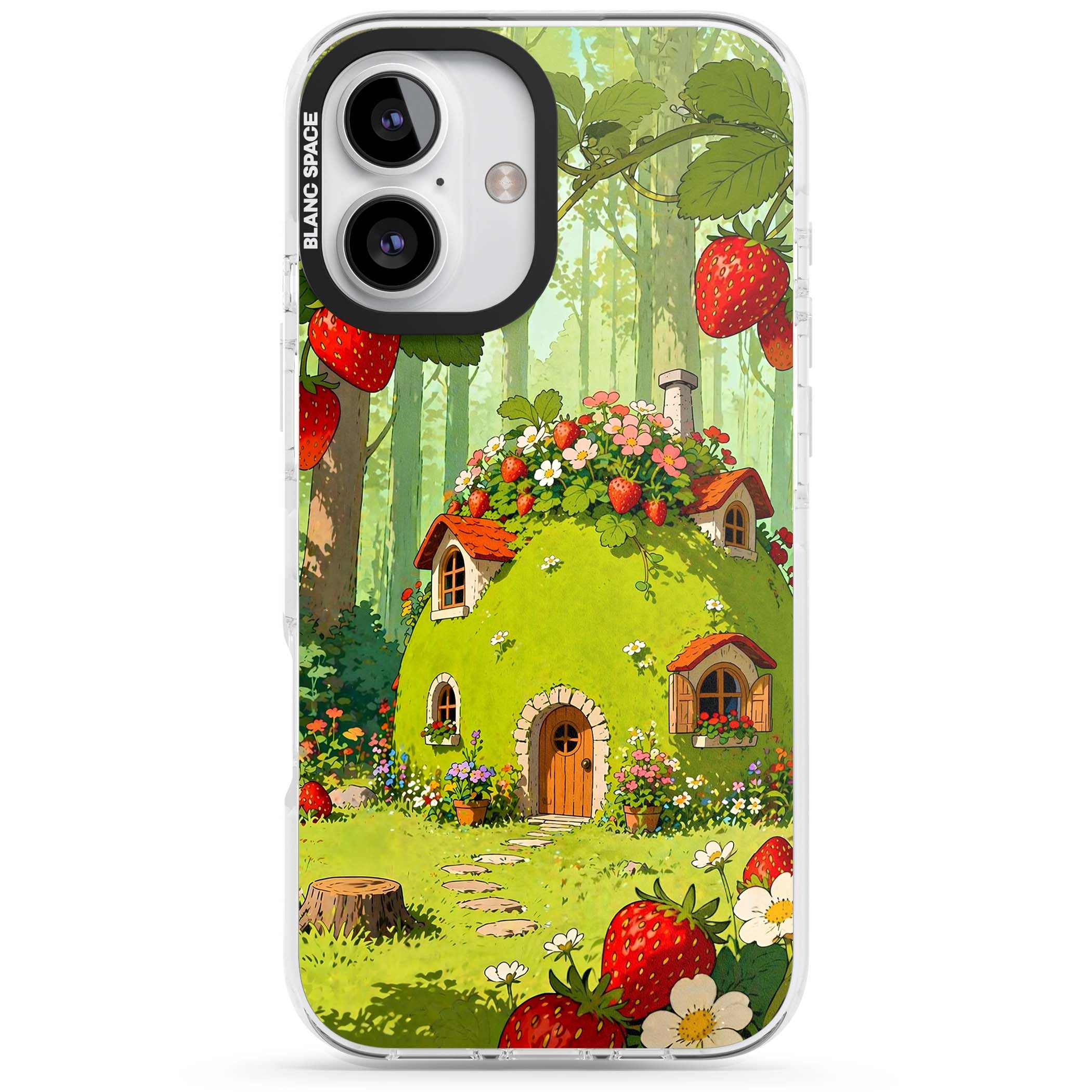 Strawberry Cottage cottagecore iPhone case featuring a green fairy house, wild strawberries and enchanted forest flowers | Clear Impact case for iPhone 16, iPhone 16 Plus