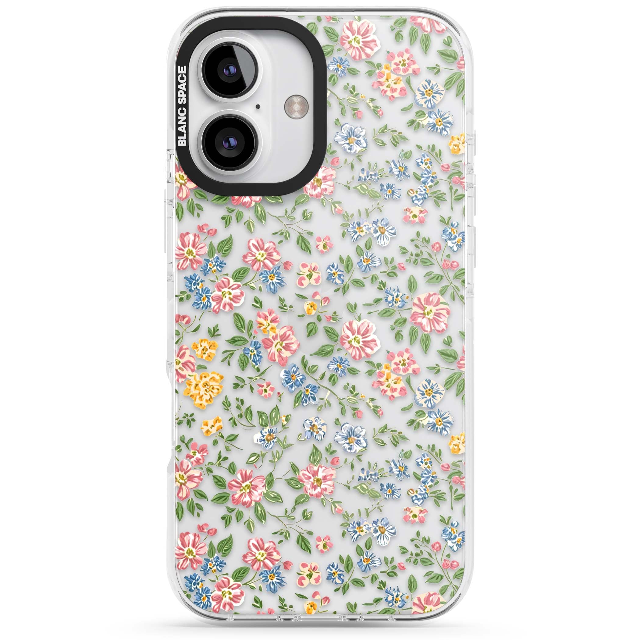Soft Meadow cottagecore iPhone case featuring pink cosmos, blue forget-me-nots, yellow buttercups and green leaves sca | Clear Impact case for iPhone 16, iPhone 16 Plus