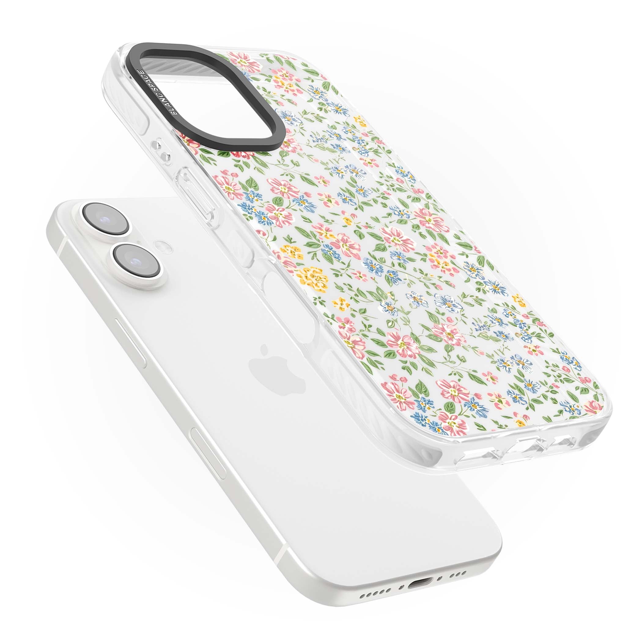 Soft Meadow cottagecore iPhone case featuring pink cosmos, blue forget-me-nots, yellow buttercups and green leaves sca | Clear Impact case for iPhone 16, iPhone 16 Plus