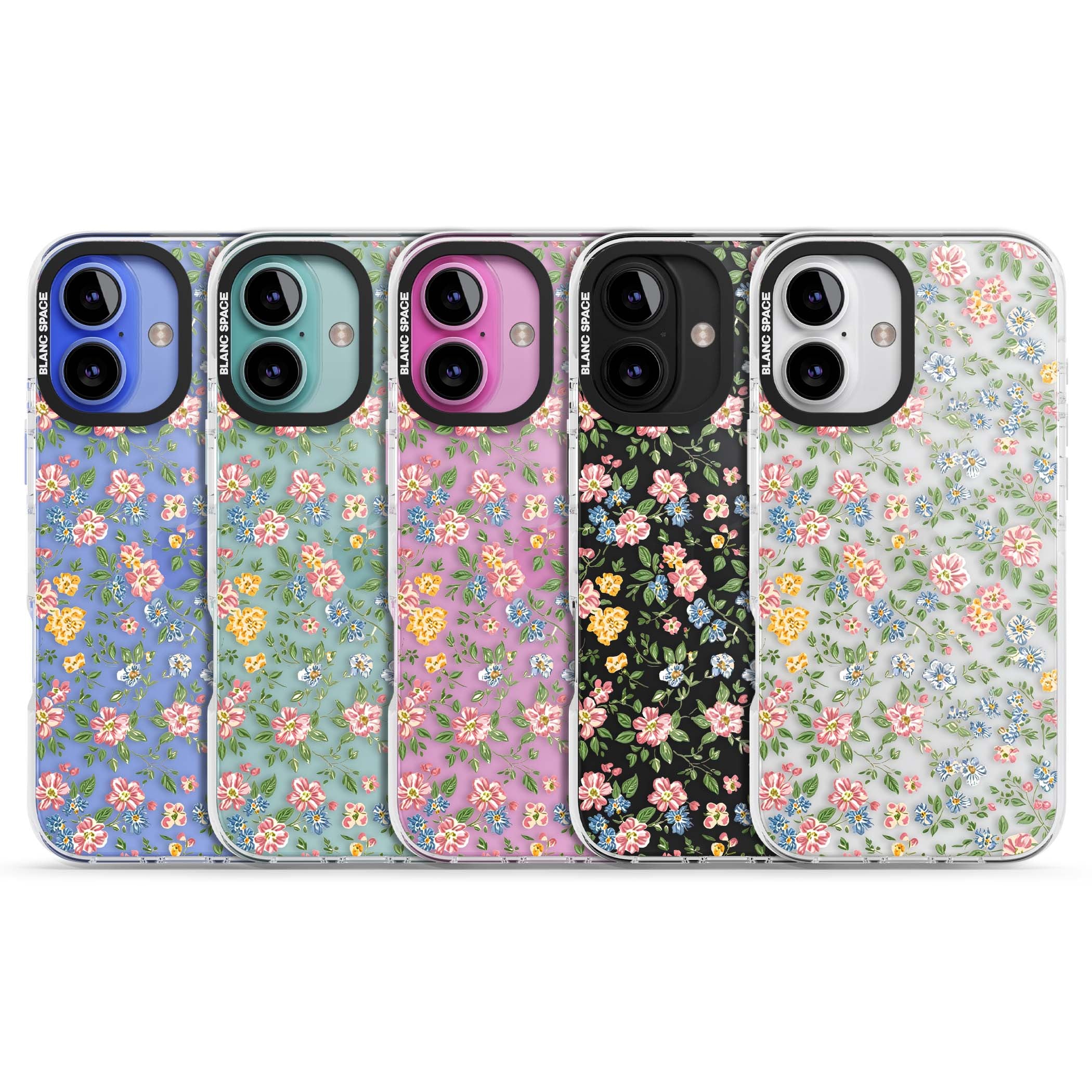 Soft Meadow cottagecore iPhone case featuring pink cosmos, blue forget-me-nots, yellow buttercups and green leaves sca | Clear Impact case for iPhone 16, iPhone 16 Plus