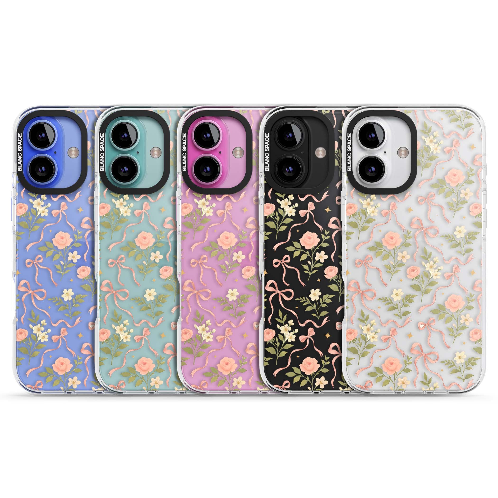 Ribbon Garden coquette iPhone case featuring pink bows, peach roses and wildflowers on white background | Clear Impact case for iPhone 16, iPhone 16 Plus