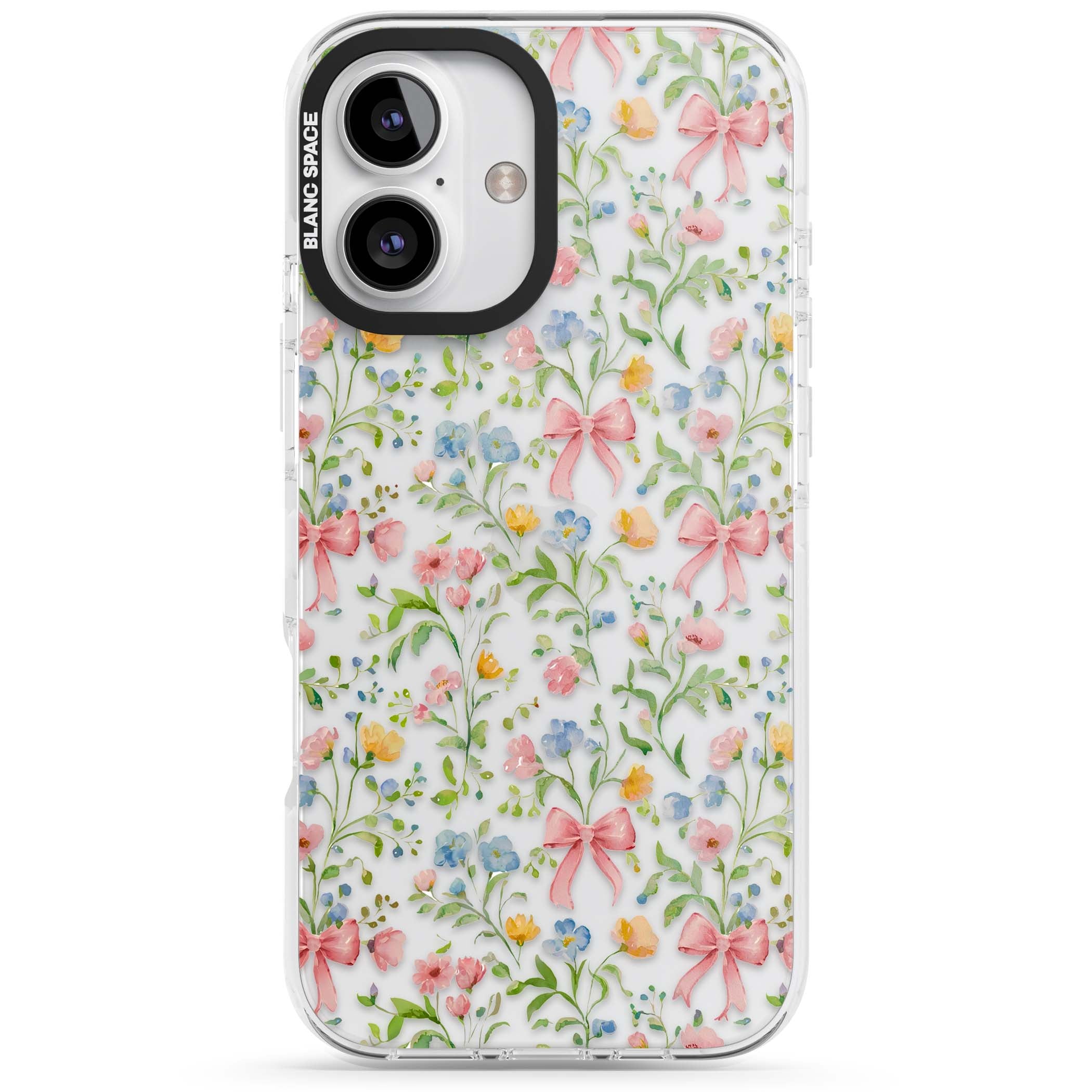 Ribbons & Wildflowers cottagecore iPhone case featuring watercolor wildflowers, pink satin bows, and delicate spring blooms o | Clear Impact case for iPhone 16, iPhone 16 Plus