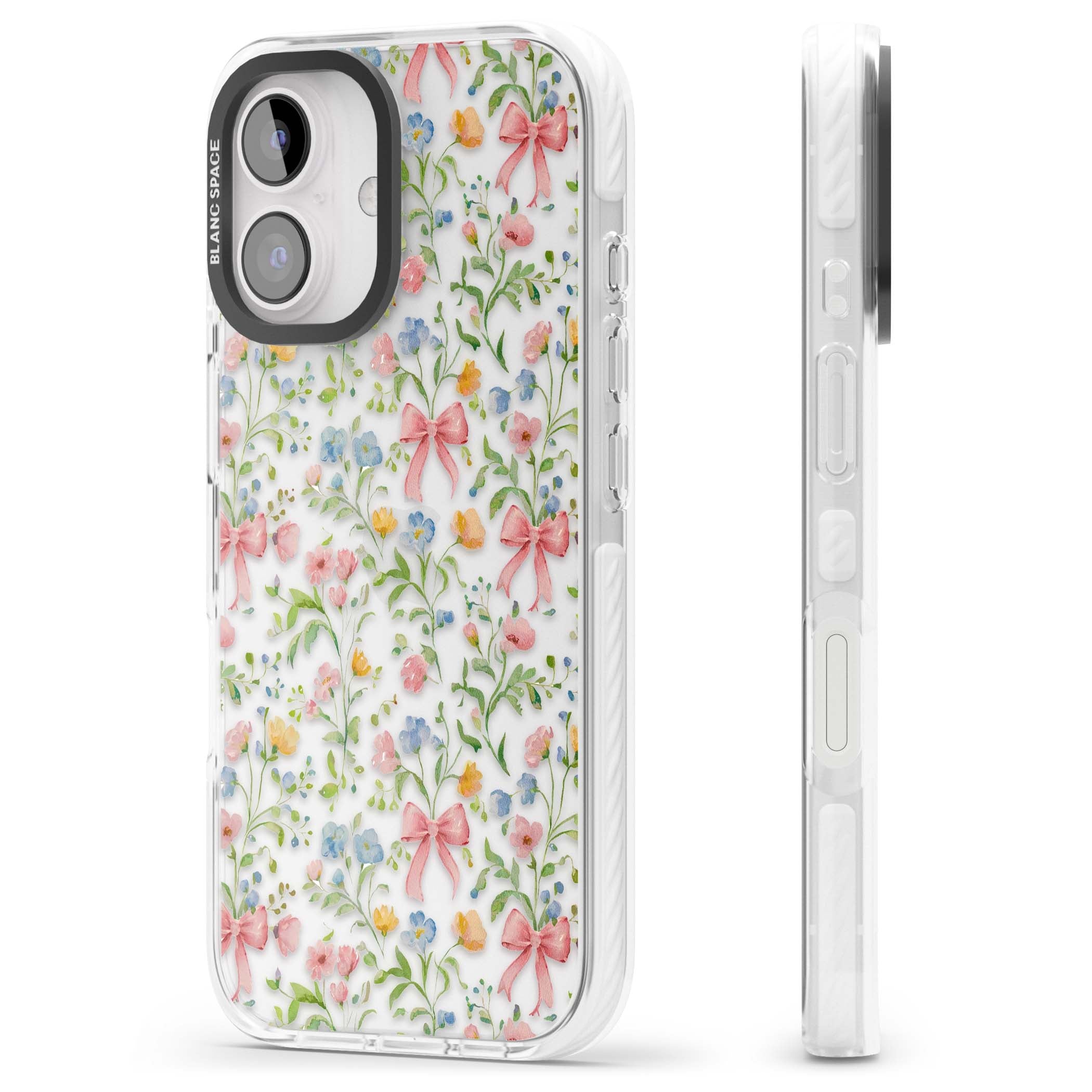 Ribbons & Wildflowers cottagecore iPhone case featuring watercolor wildflowers, pink satin bows, and delicate spring blooms o | Clear Impact case for iPhone 16, iPhone 16 Plus