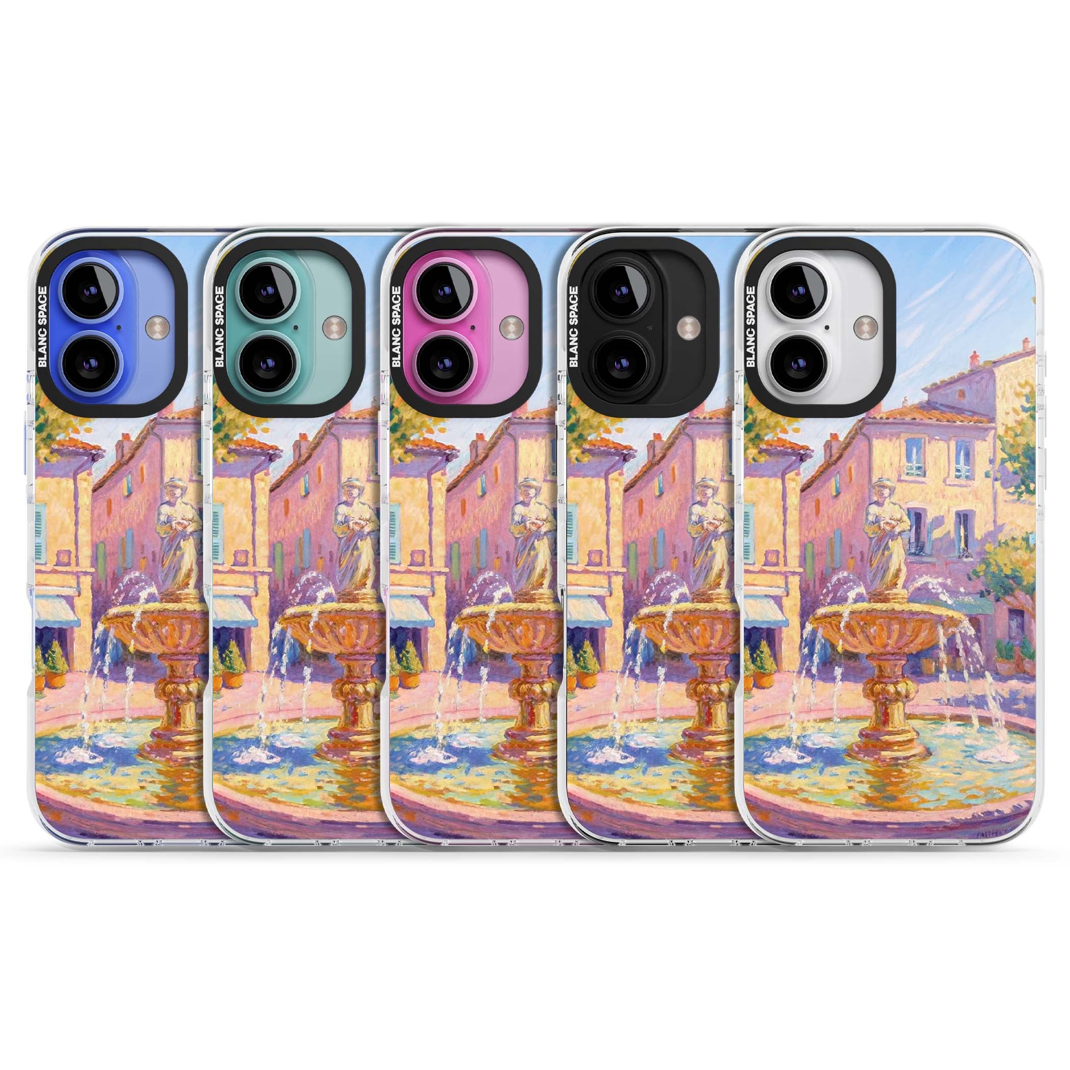 Fountain Square fine art iPhone case featuring an impressionist Provençal fountain, pastel village buildings and summe | Clear Impact case for iPhone 16, iPhone 16 Plus