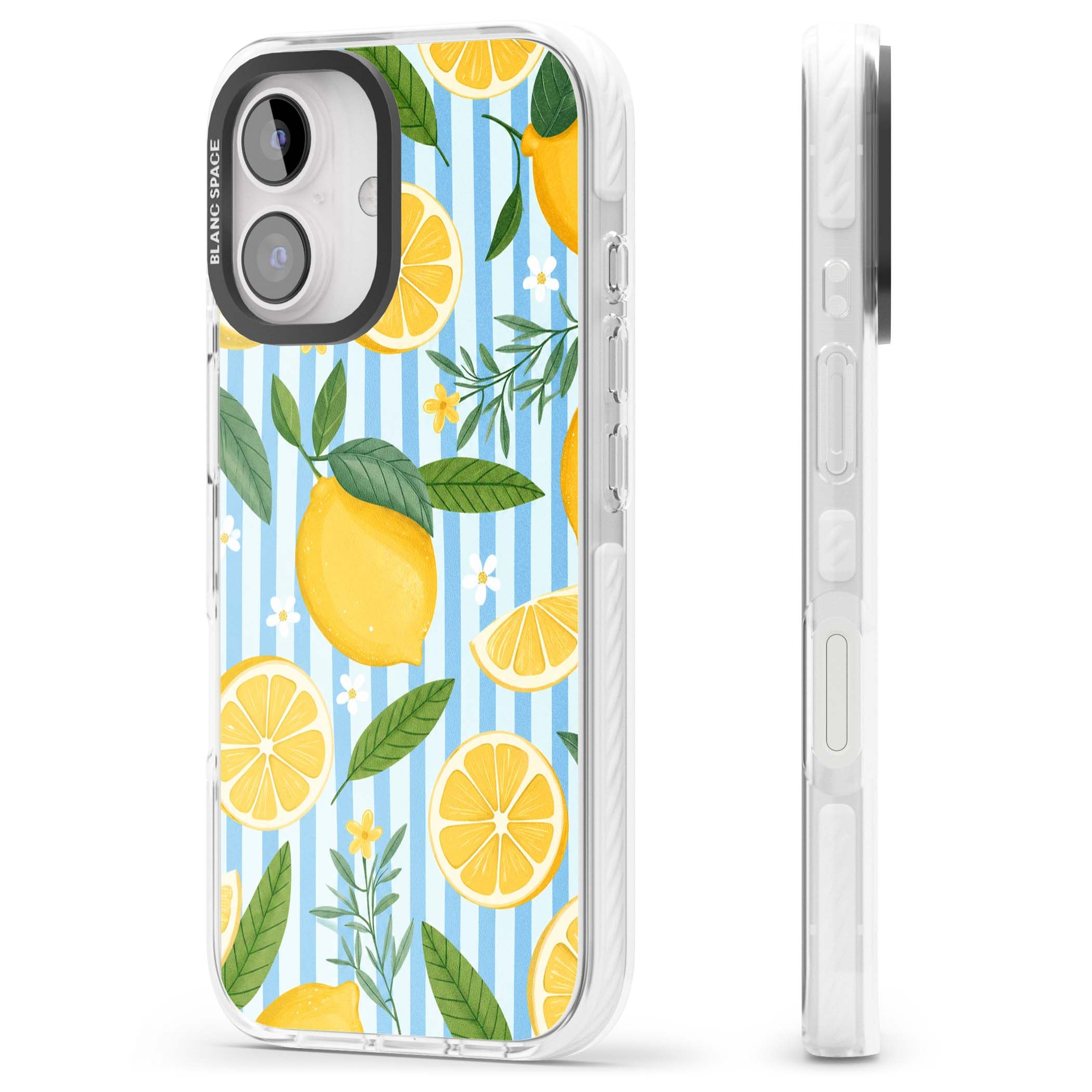 Capri Citrus Stripe coastal iPhone case featuring yellow lemons, blue stripes, and white daisy blossoms | Clear Impact case for iPhone 16, iPhone 16 Plus