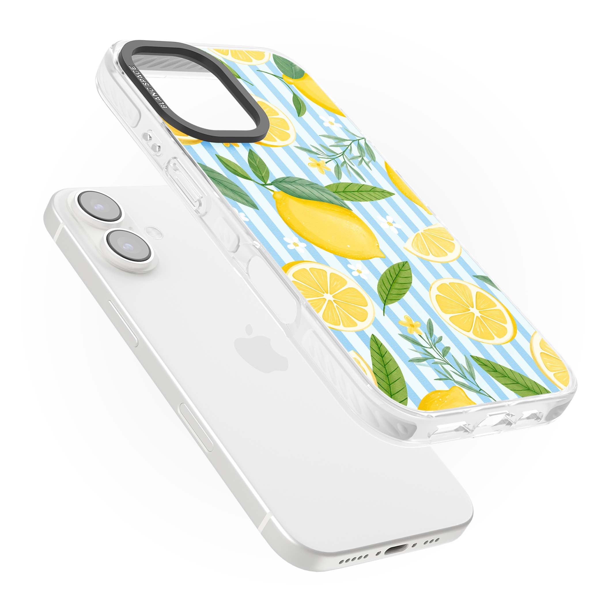 Capri Citrus Stripe coastal iPhone case featuring yellow lemons, blue stripes, and white daisy blossoms | Clear Impact case for iPhone 16, iPhone 16 Plus