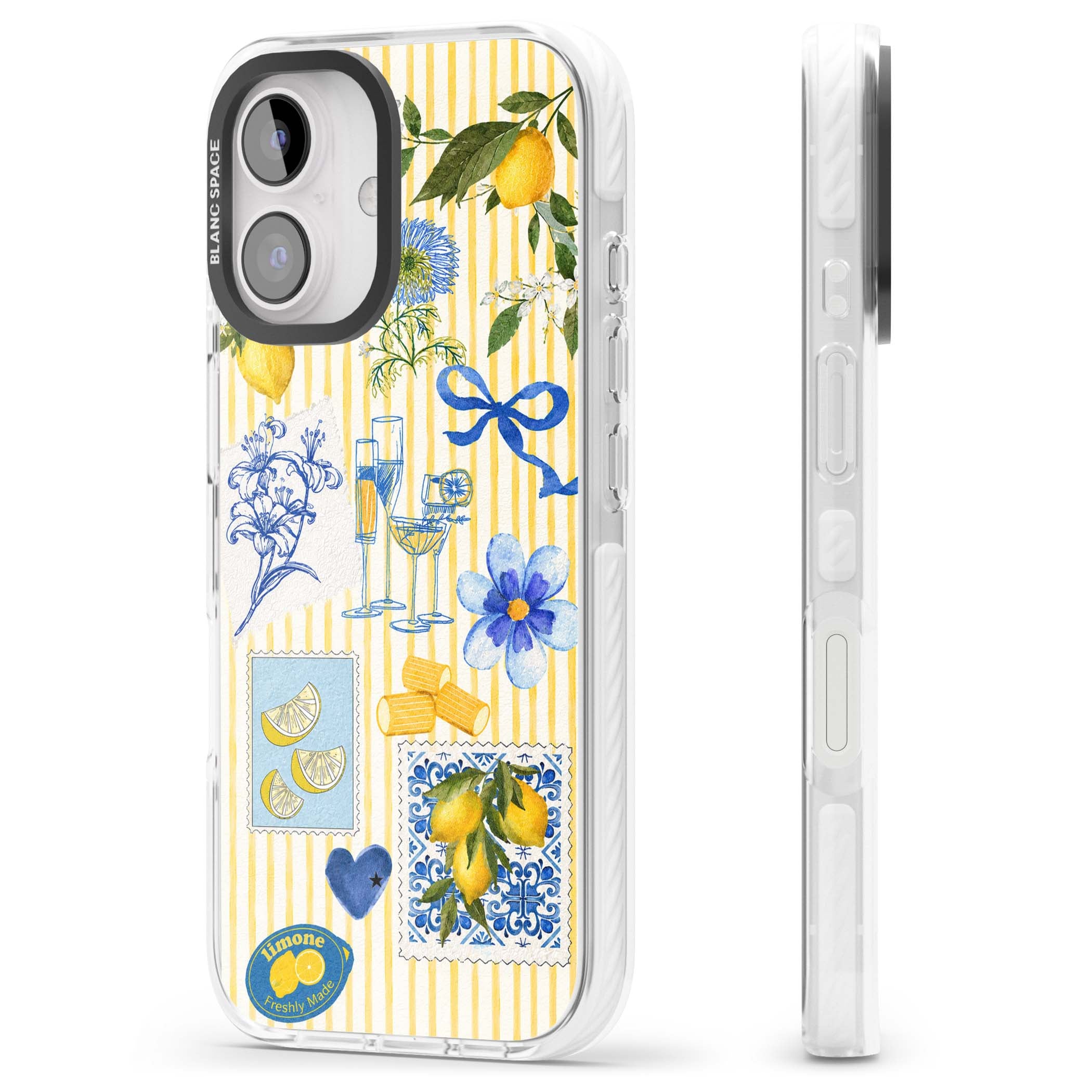 Limone Riviera Italian summer iPhone case featuring watercolour lemons, blue ribbon bows and majolica tile stamps on... | Clear Impact case for iPhone 16, iPhone 16 Plus