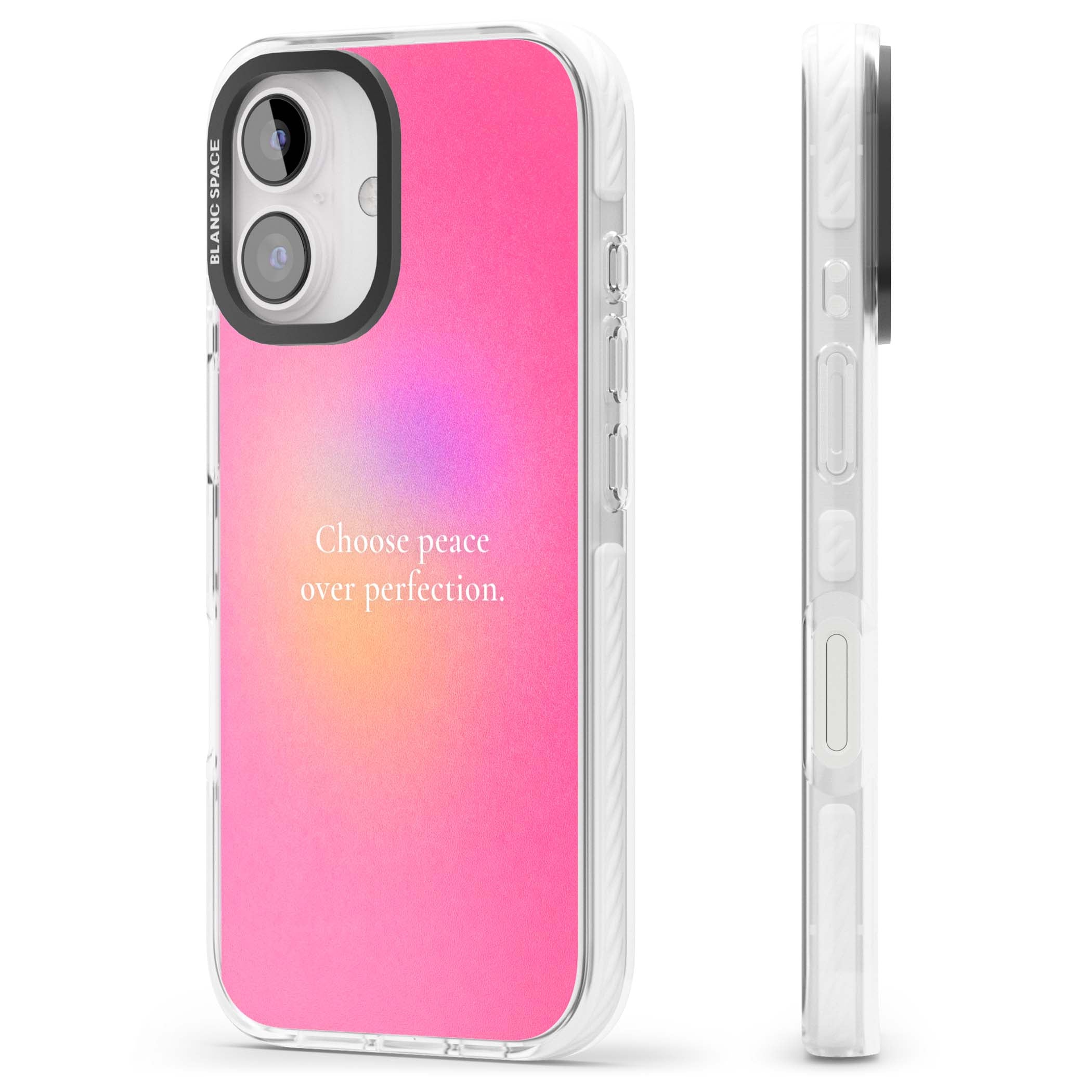 Peace Over Perfection quote iPhone case featuring a dreamy pink aura gradient and delicate white affirmation text | Impact Magsafe case for iPhone 16, iPhone 16 Plus