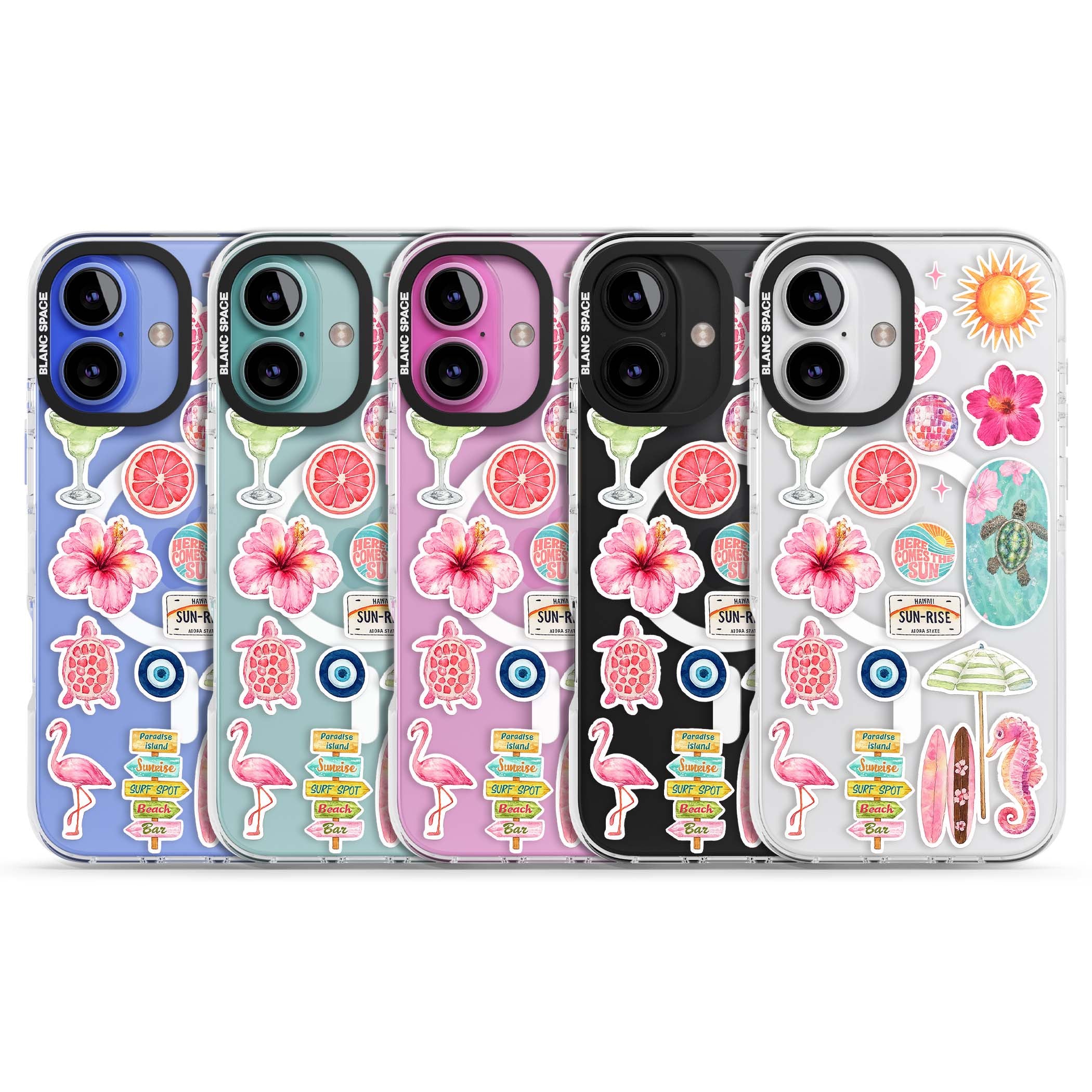Aloha Sticker Mix tropical summer iPhone case featuring pink hibiscus, sea turtles, flamingo and beach umbrella stickers | Impact Magsafe case for iPhone 16, iPhone 16 Plus