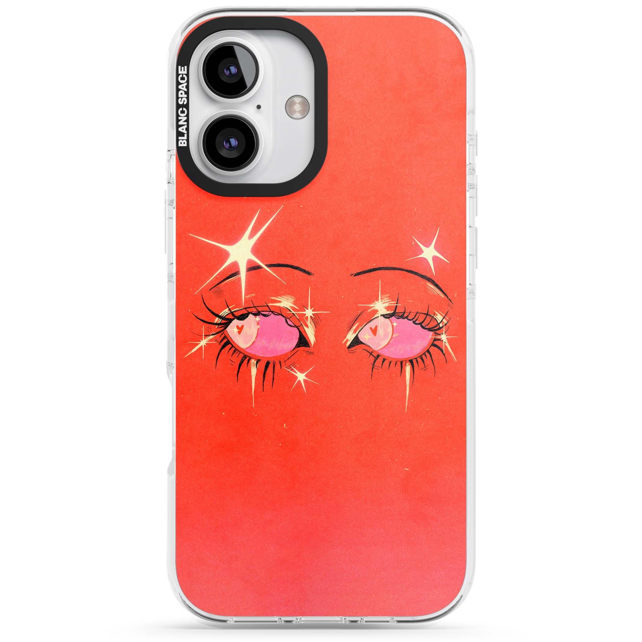 Pink Ethereal Eyes anime iPhone case featuring hand-drawn sparkly eyes with pink hearts and gold stars on red | Impact Magsafe case for iPhone 16, iPhone 16 Plus
