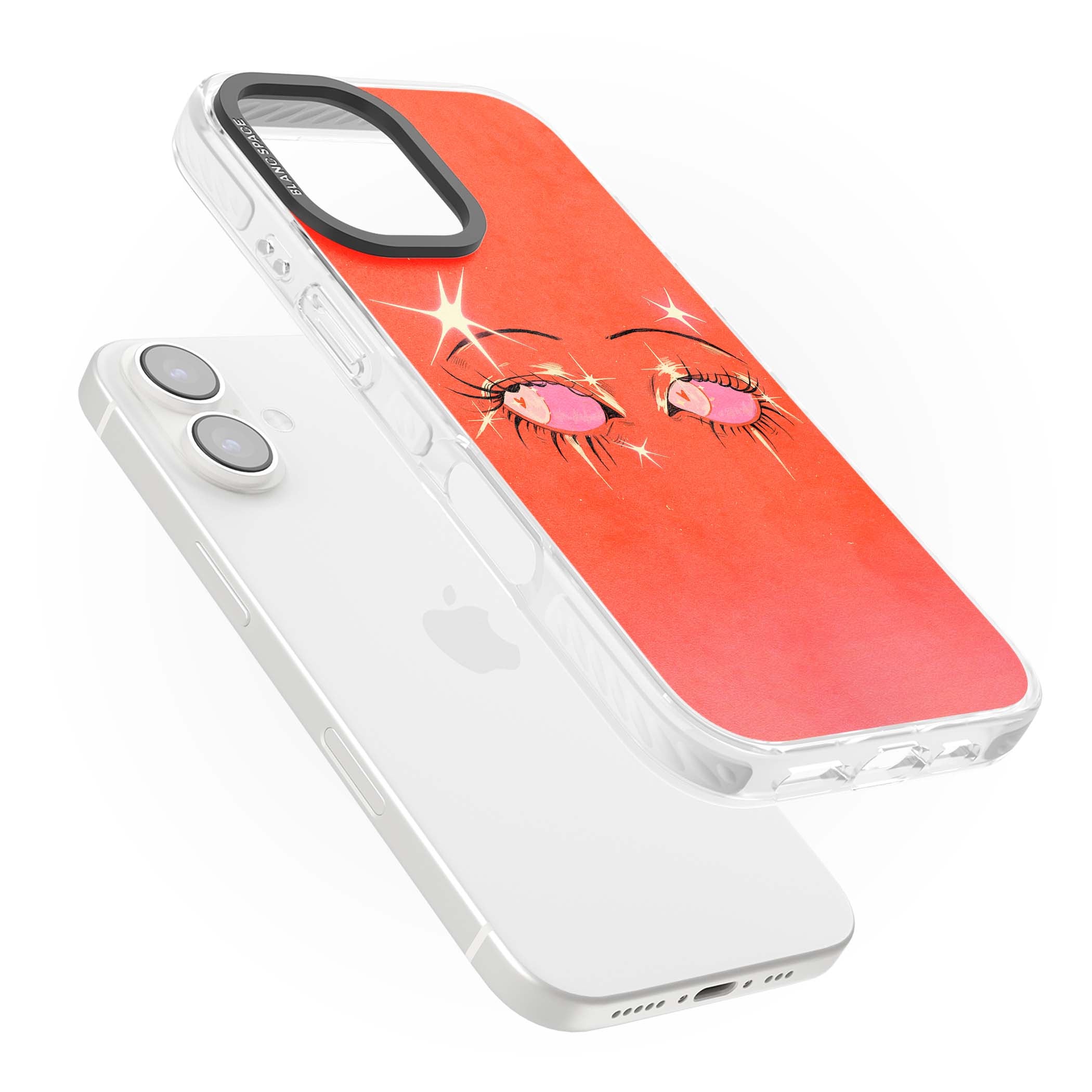 Pink Ethereal Eyes anime iPhone case featuring hand-drawn sparkly eyes with pink hearts and gold stars on red | Impact Magsafe case for iPhone 16, iPhone 16 Plus