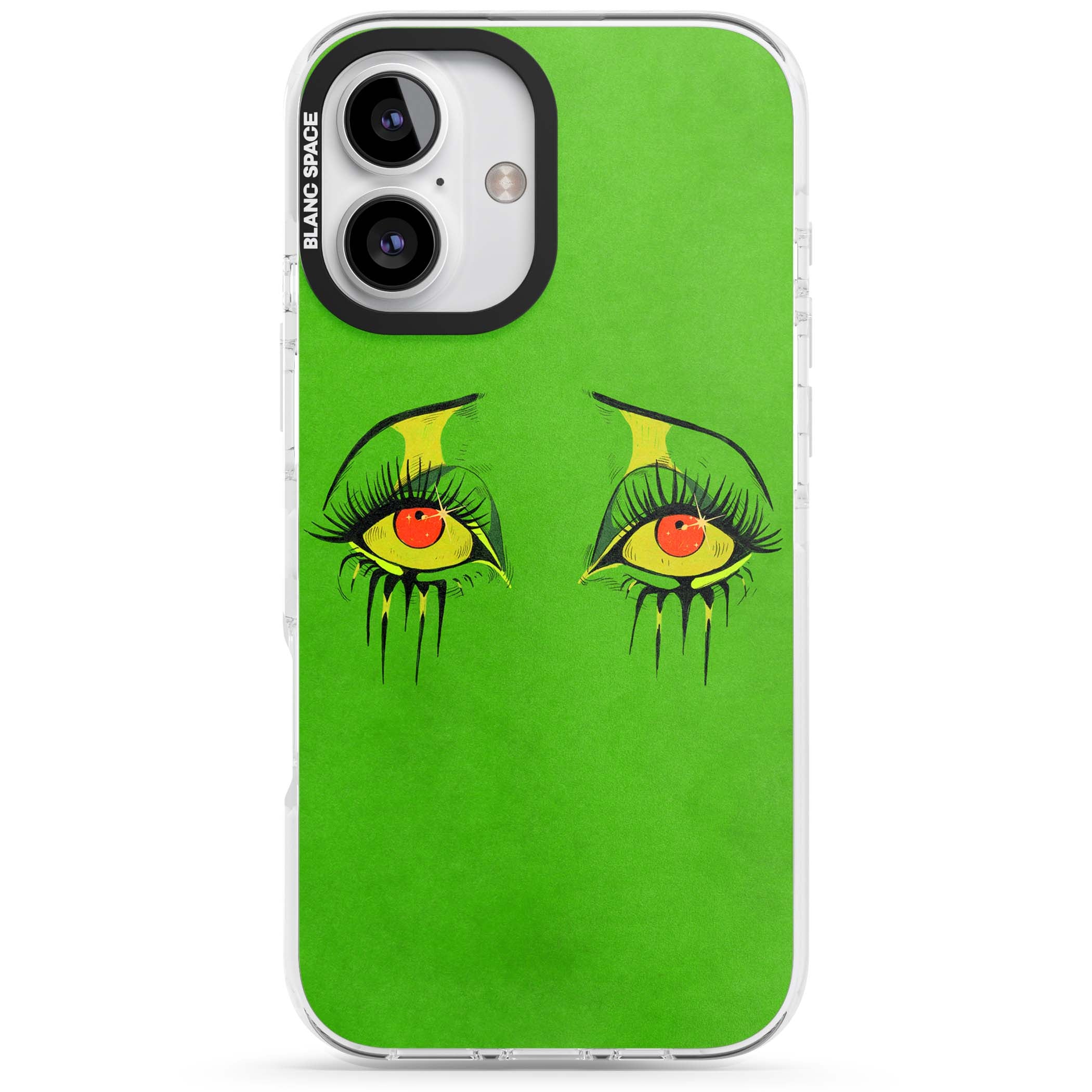 Green Enchanted Eyes psychedelic art iPhone case featuring hand-drawn dripping eyes on neon green background | Impact Magsafe case for iPhone 16, iPhone 16 Plus