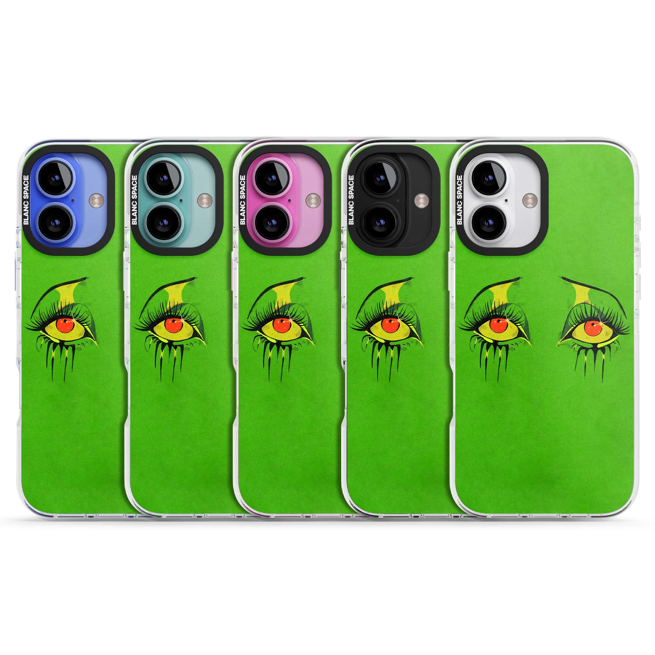 Green Enchanted Eyes psychedelic art iPhone case featuring hand-drawn dripping eyes on neon green background | Impact Magsafe case for iPhone 16, iPhone 16 Plus