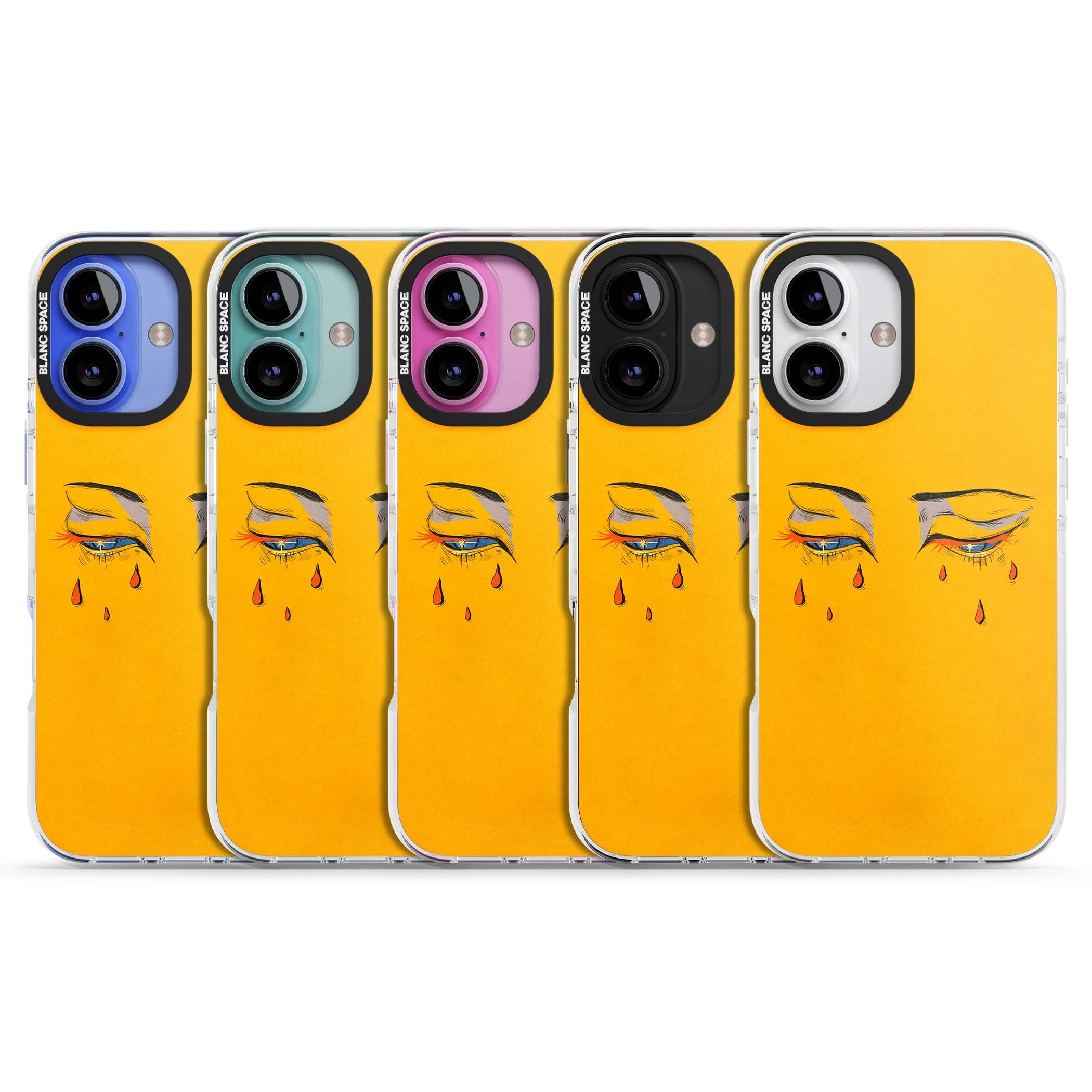 Yellow Tearful Eyes indie iPhone case featuring hand-drawn crying eyes with orange tears on a yellow background | Impact Magsafe case for iPhone 16, iPhone 16 Plus