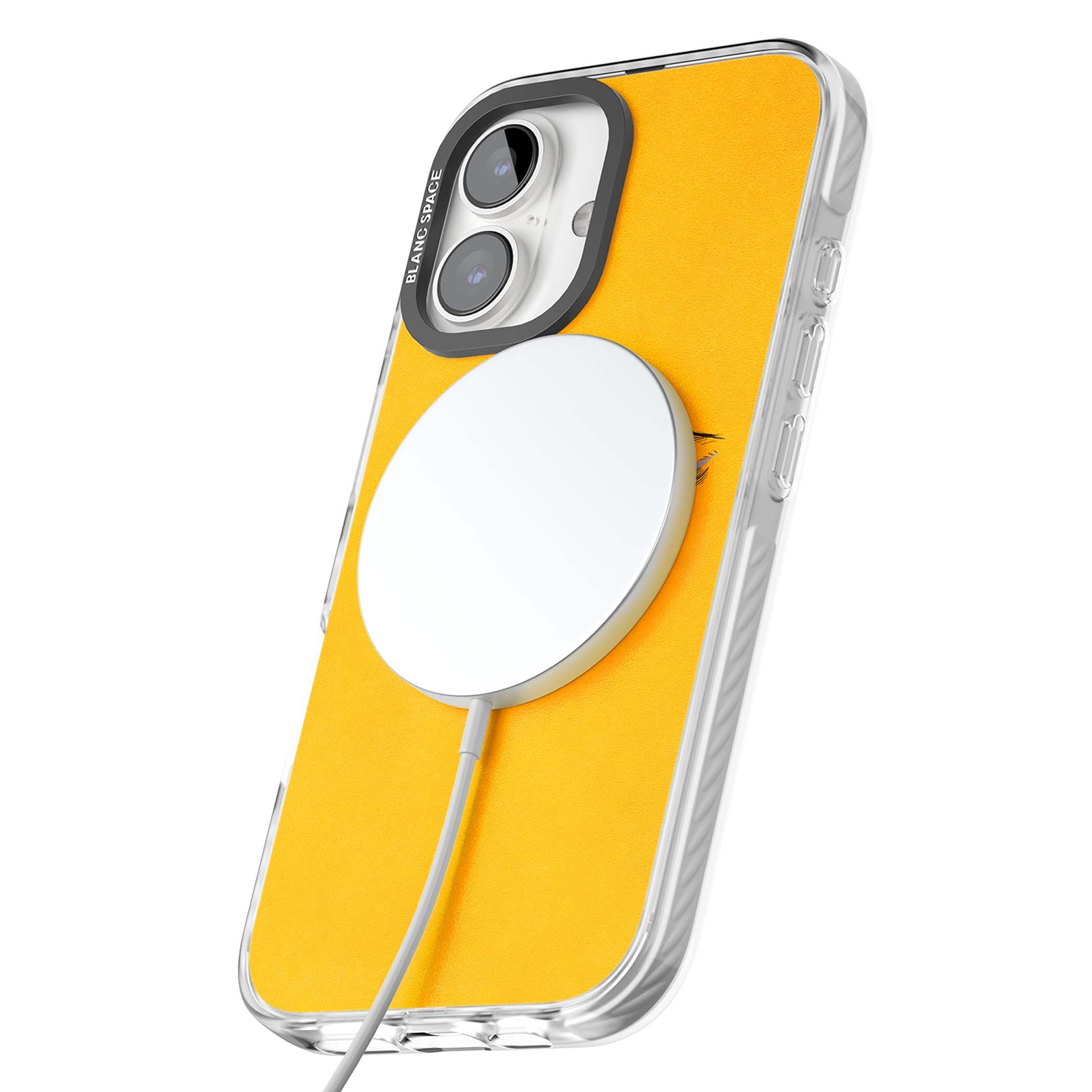 Yellow Tearful Eyes indie iPhone case featuring hand-drawn crying eyes with orange tears on a yellow background | Impact Magsafe case for iPhone 16, iPhone 16 Plus