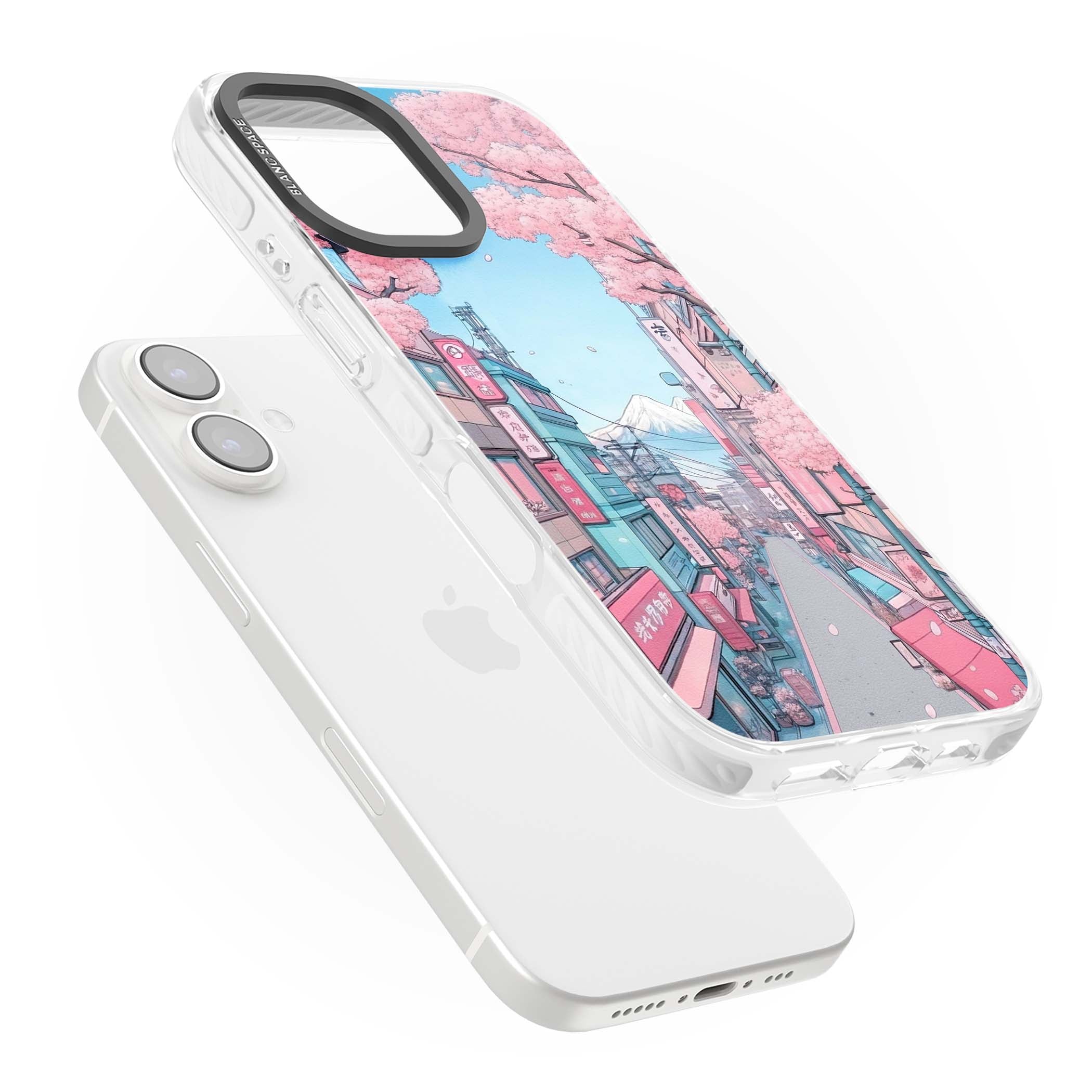Sakura Lane anime iPhone case featuring Tokyo street scene with cherry blossoms and Mount Fuji | Impact Magsafe case for iPhone 16, iPhone 16 Plus