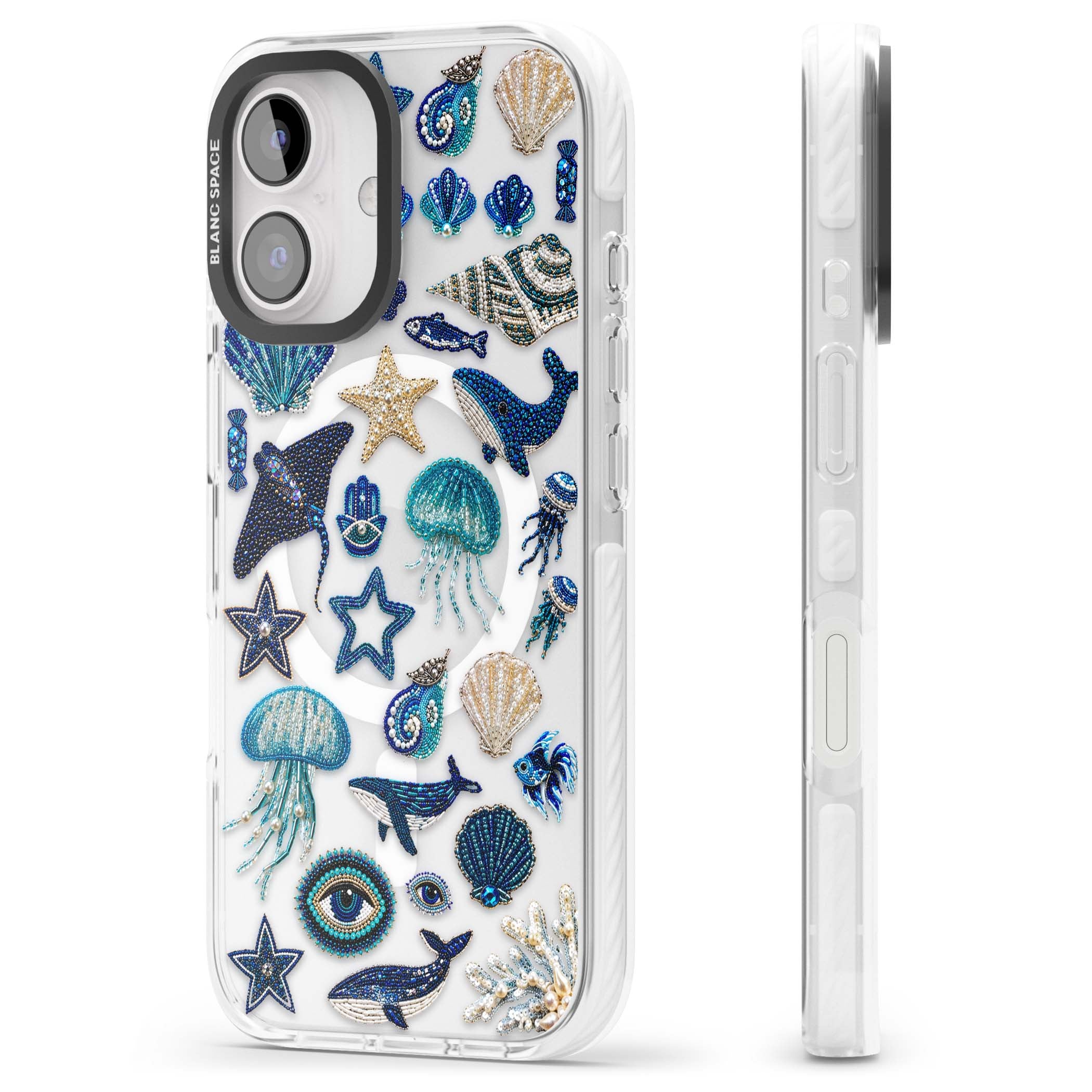 Beaded Coastal coastal iPhone case featuring embroidered seashells, jellyfish and a blue whale on clear | Impact Magsafe case for iPhone 16, iPhone 16 Plus