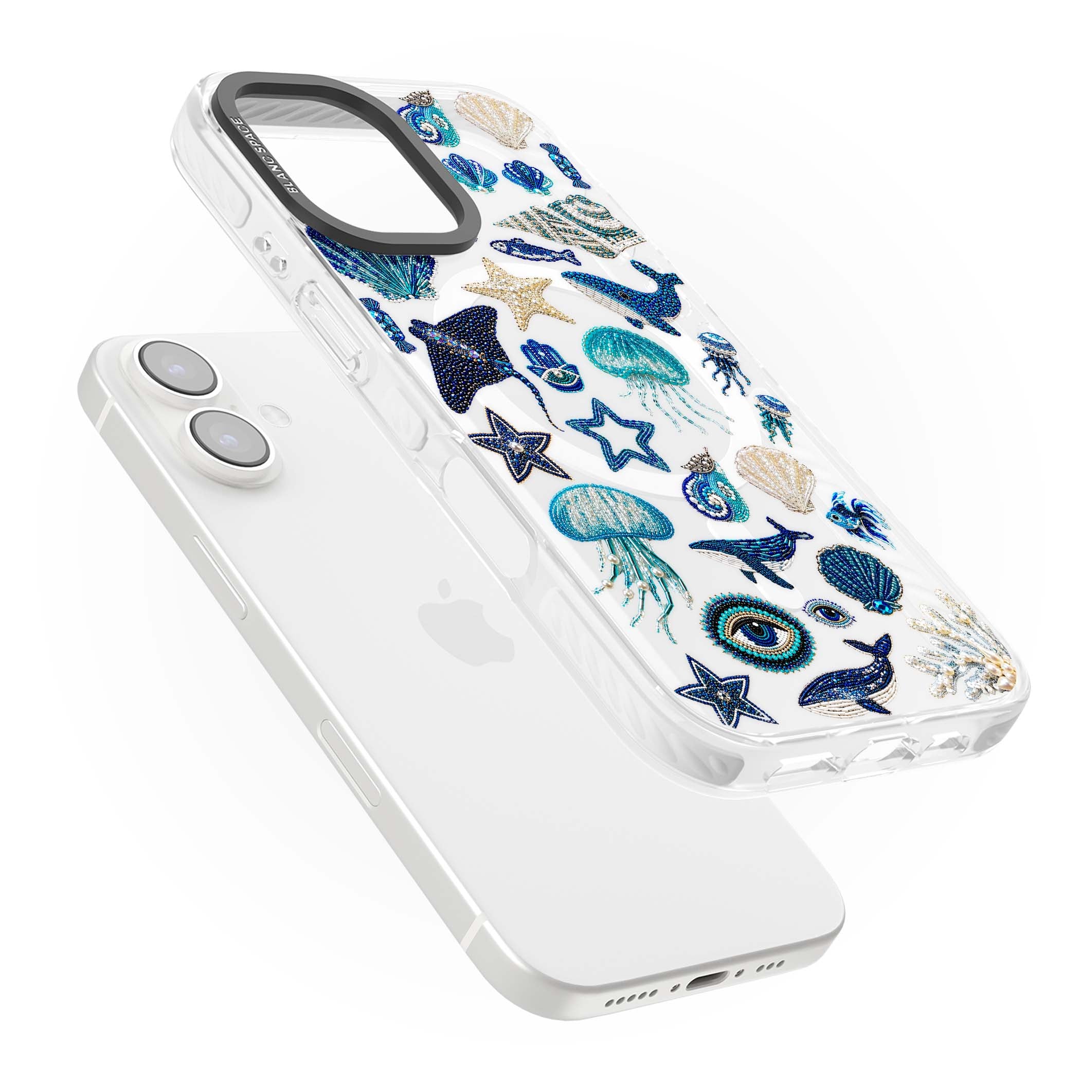 Beaded Coastal coastal iPhone case featuring embroidered seashells, jellyfish and a blue whale on clear | Impact Magsafe case for iPhone 16, iPhone 16 Plus