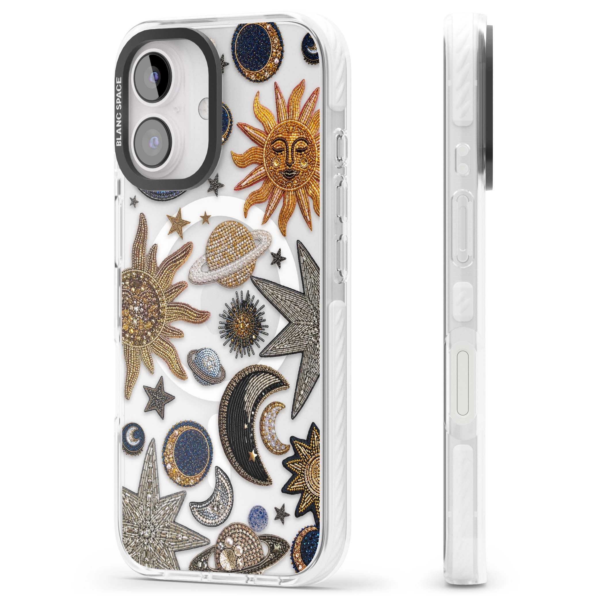 Beaded Cosmos celestial iPhone case featuring embroidered golden suns, beaded planets and silver shooting stars | Impact Magsafe case for iPhone 16, iPhone 16 Plus