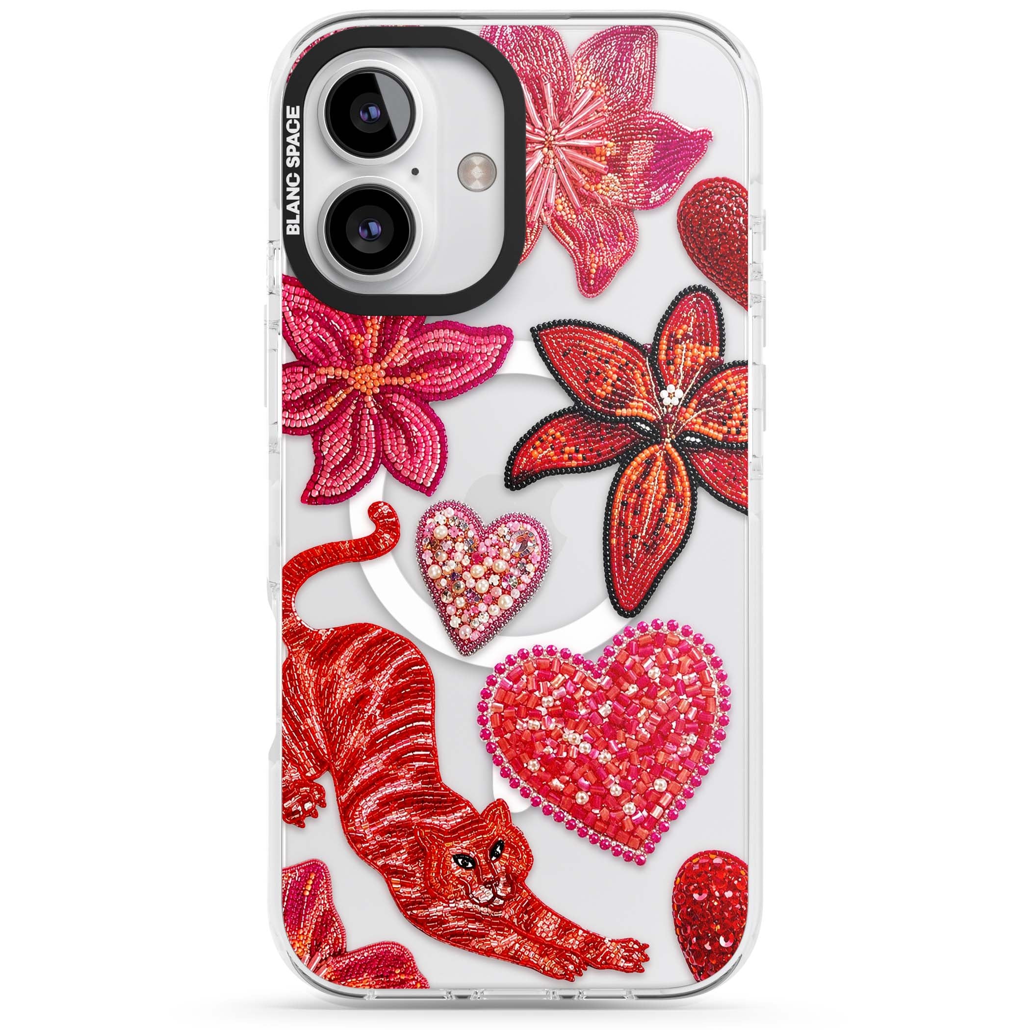 Beaded Boho floral iPhone case featuring beaded red lilies, a stitched tiger, and pearl-encrusted hearts on clear | Impact Magsafe case for iPhone 16, iPhone 16 Plus