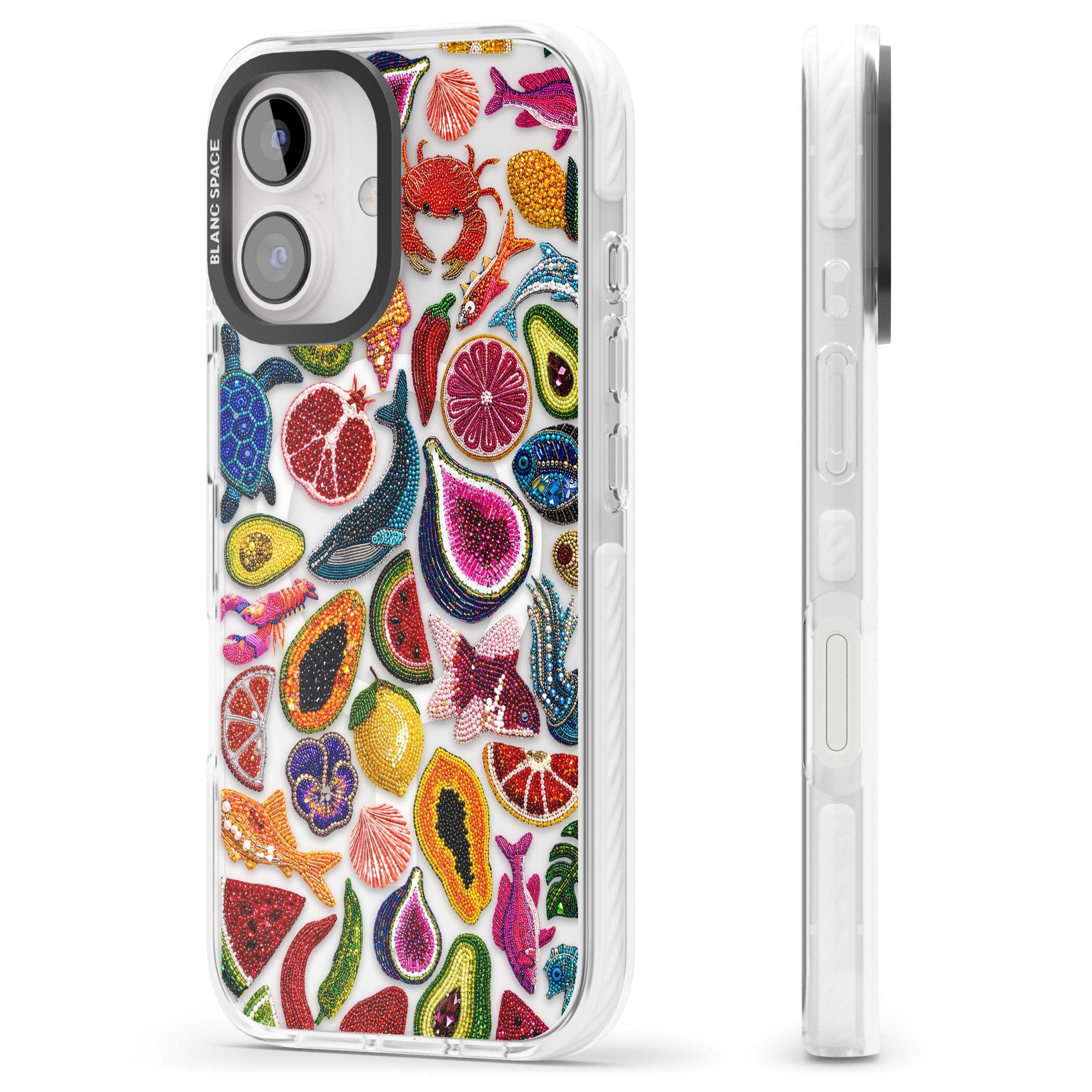 Beaded Tropic tropical iPhone case featuring beaded fruit, fish, crabs and seashells in vibrant colour | Impact Magsafe case for iPhone 16, iPhone 16 Plus