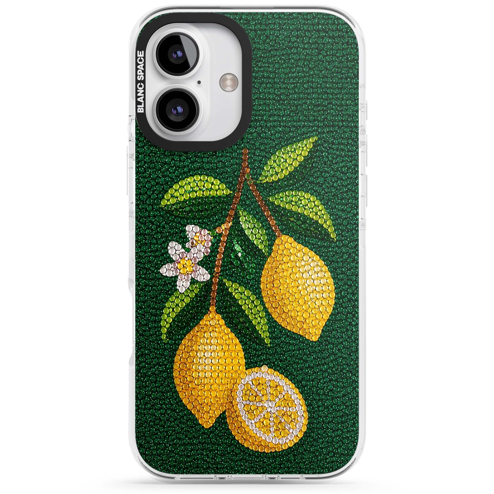 Beaded Lemons coastal iPhone case featuring crystal-beaded lemons, citrus blossom and green leaves on emerald ground | Impact Magsafe case for iPhone 16, iPhone 16 Plus