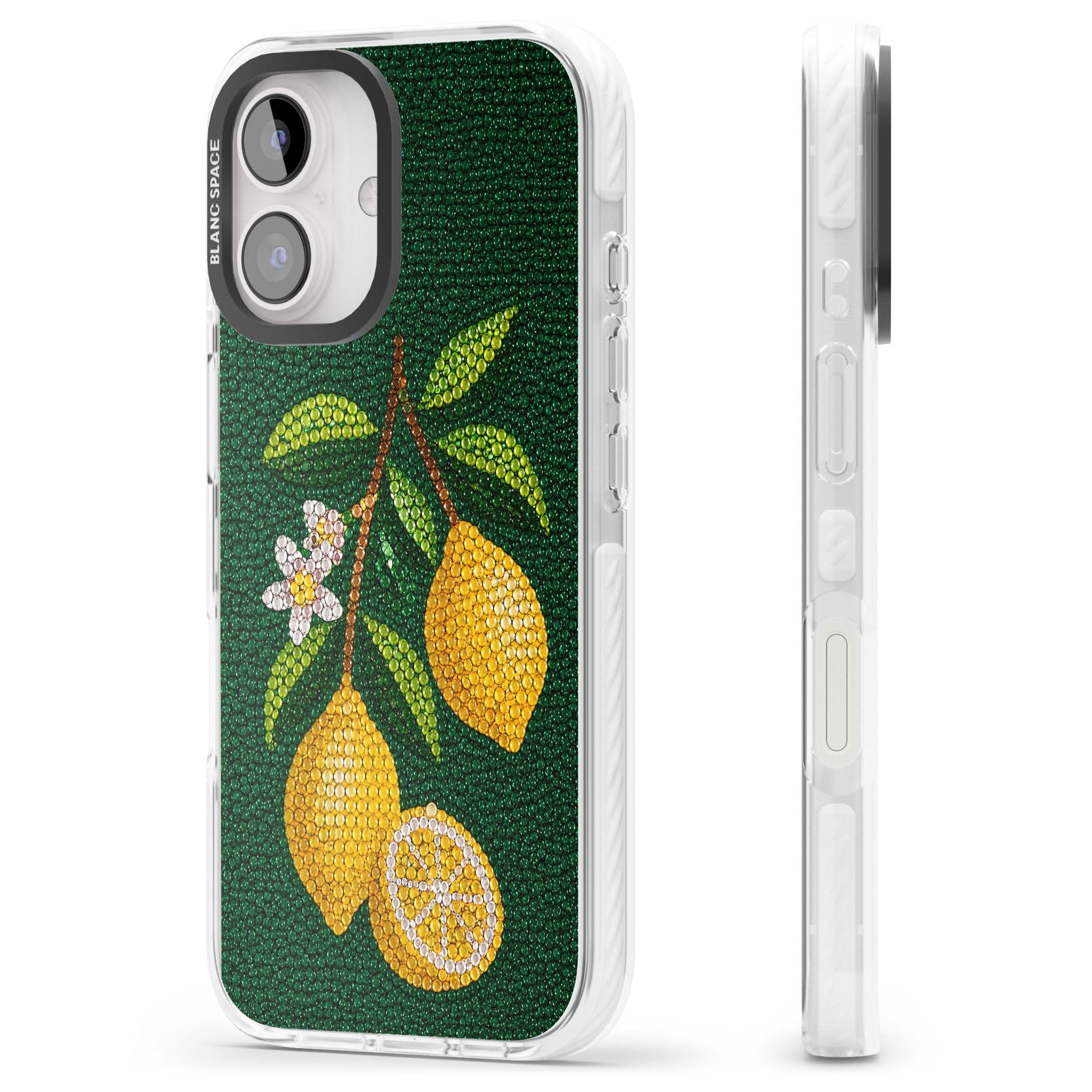 Beaded Lemons coastal iPhone case featuring crystal-beaded lemons, citrus blossom and green leaves on emerald ground | Impact Magsafe case for iPhone 16, iPhone 16 Plus