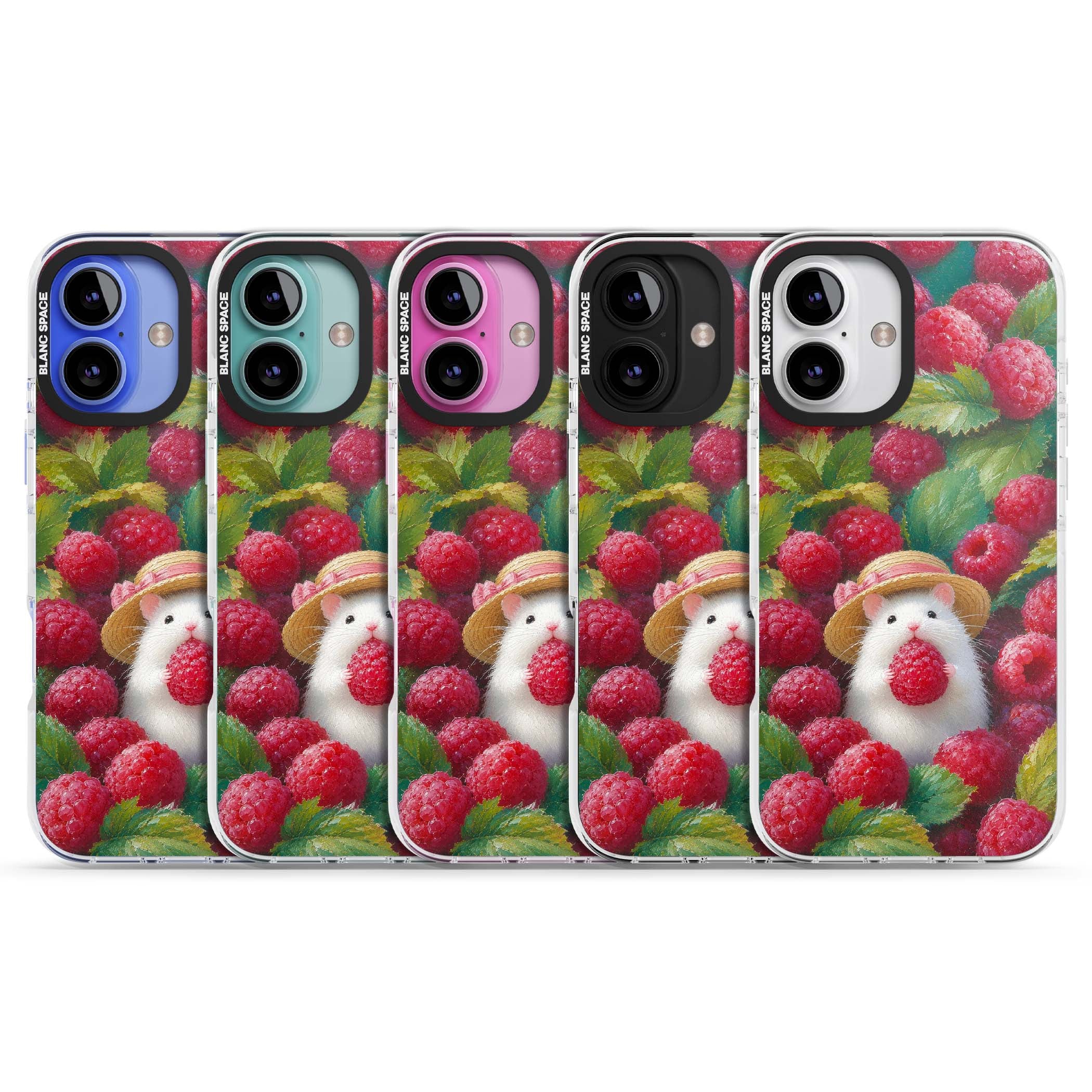 Berry Forager cottagecore iPhone case featuring a white hamster in a straw hat holding a raspberry surrounded by ripe ber | Impact Magsafe case for iPhone 16, iPhone 16 Plus