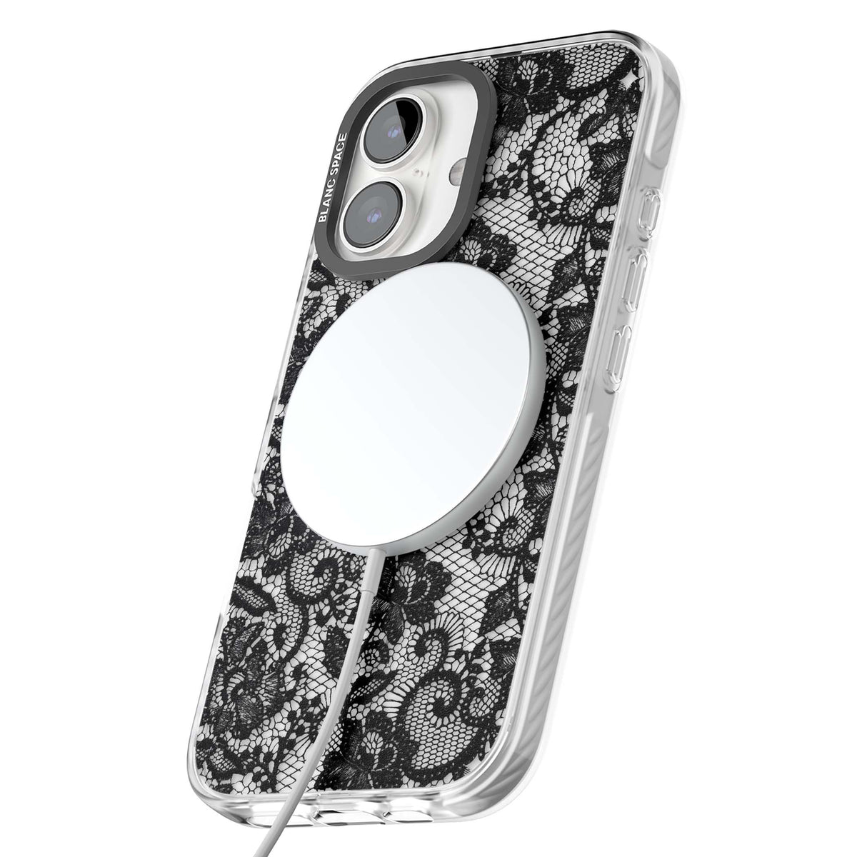 Black Lace gothic iPhone case featuring intricate black floral lace pattern with vintage whimsigoth detail | Impact Magsafe case for iPhone 16, iPhone 16 Plus