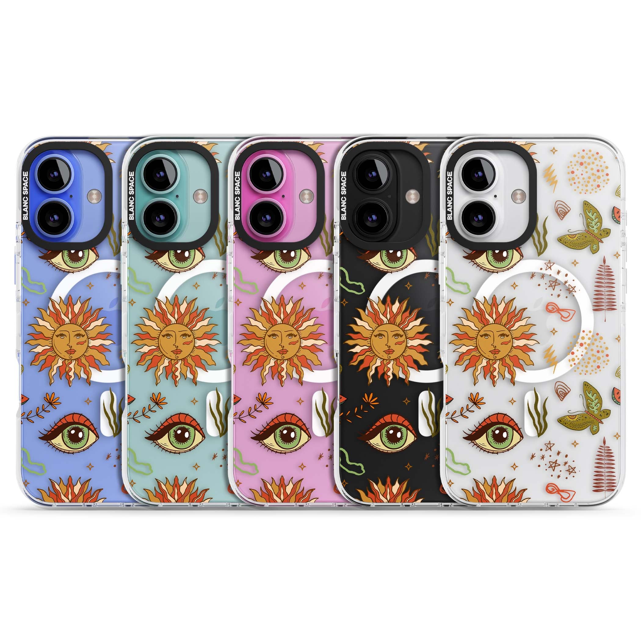 Elevate Your Phone'S Style With This Boho Celestial Sun & Eye Phone Case, Featuring A Mystical Blend Of Suns, All-Seeing Eyes, Butterflies, Stars, And