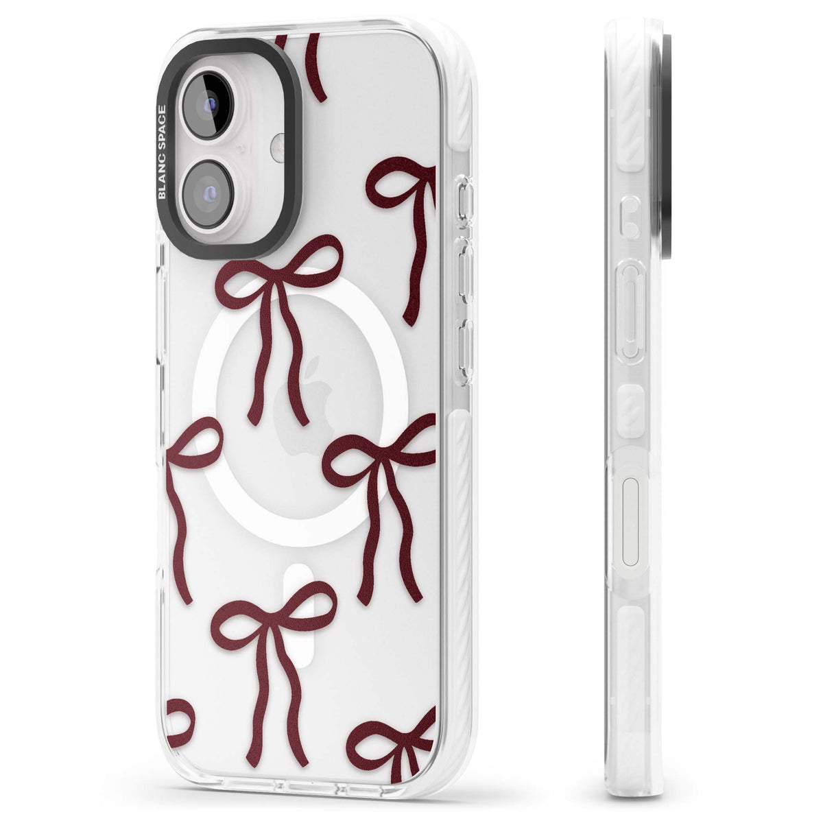 Burgundy Bows coquette iPhone case featuring hand-drawn burgundy red bows on a clear background | Impact Magsafe case for iPhone 16, iPhone 16 Plus