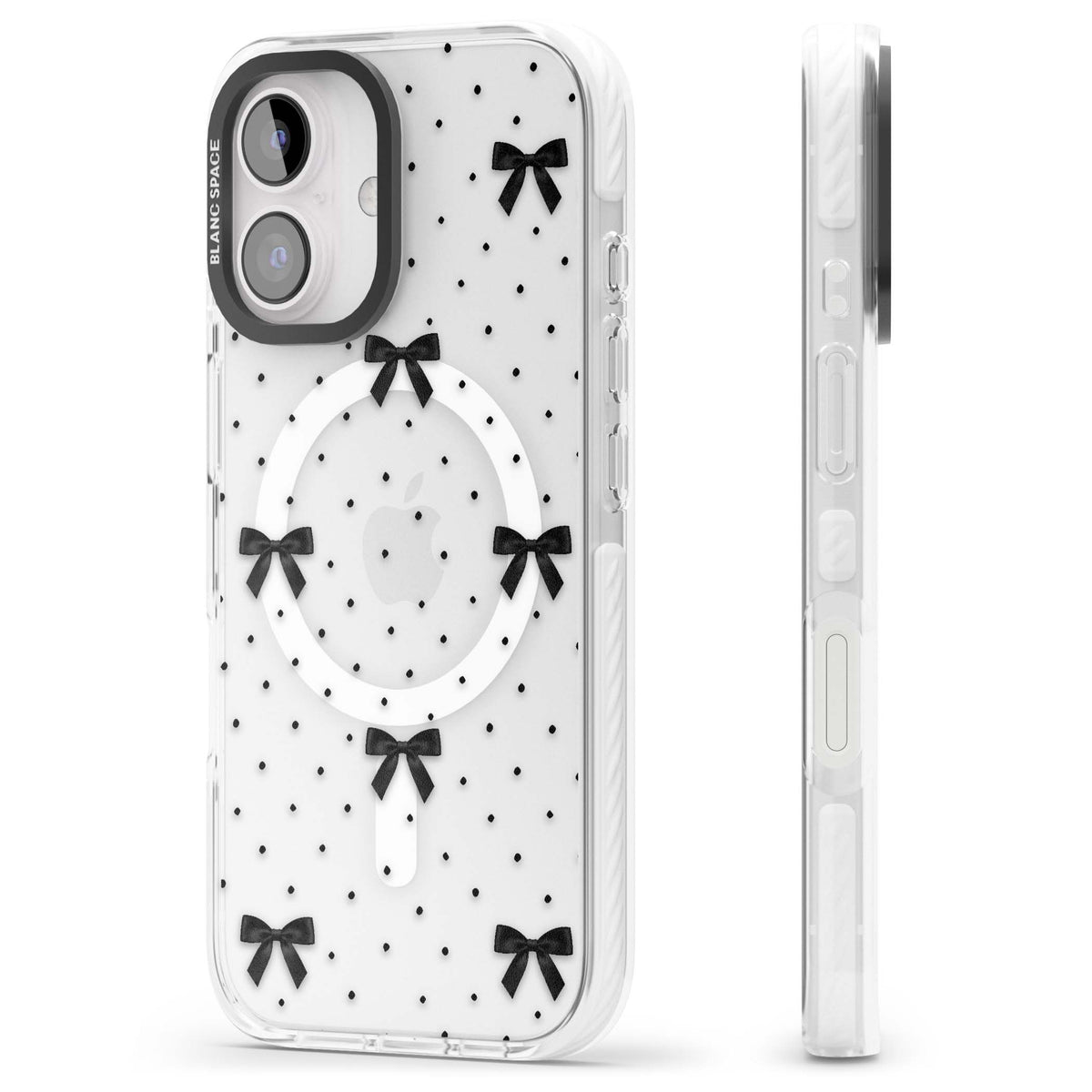 Black Polka Bows coquette iPhone case featuring scattered black satin bows and tiny polka dots on a clear base | Impact Magsafe case for iPhone 16, iPhone 16 Plus