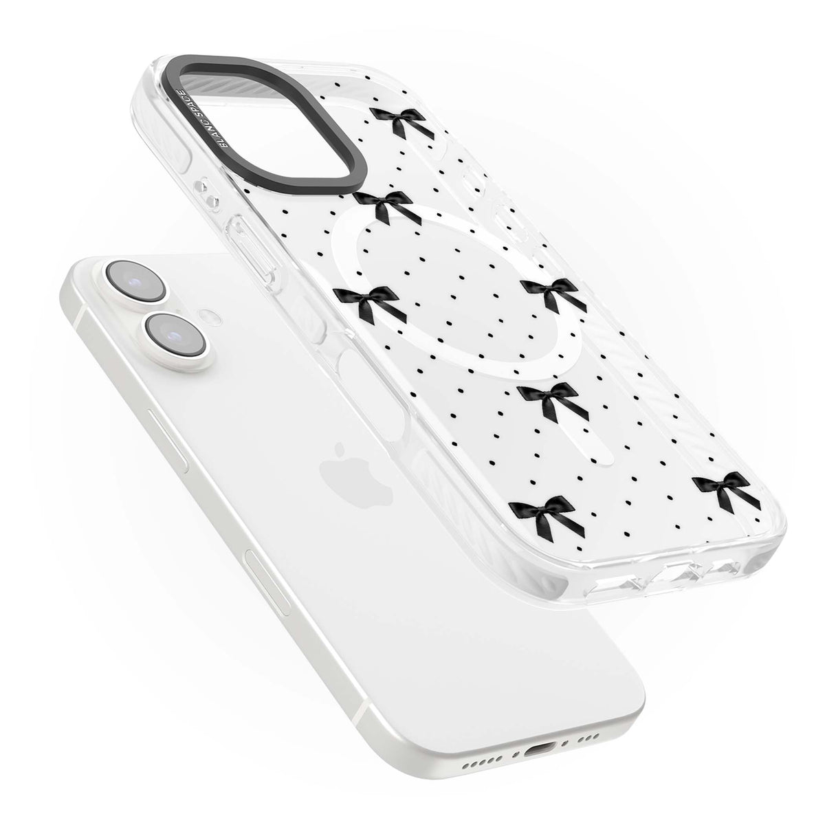 Black Polka Bows coquette iPhone case featuring scattered black satin bows and tiny polka dots on a clear base | Impact Magsafe case for iPhone 16, iPhone 16 Plus