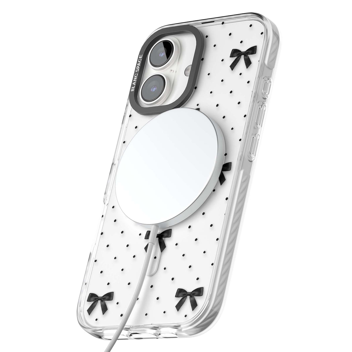 Black Polka Bows coquette iPhone case featuring scattered black satin bows and tiny polka dots on a clear base | Impact Magsafe case for iPhone 16, iPhone 16 Plus