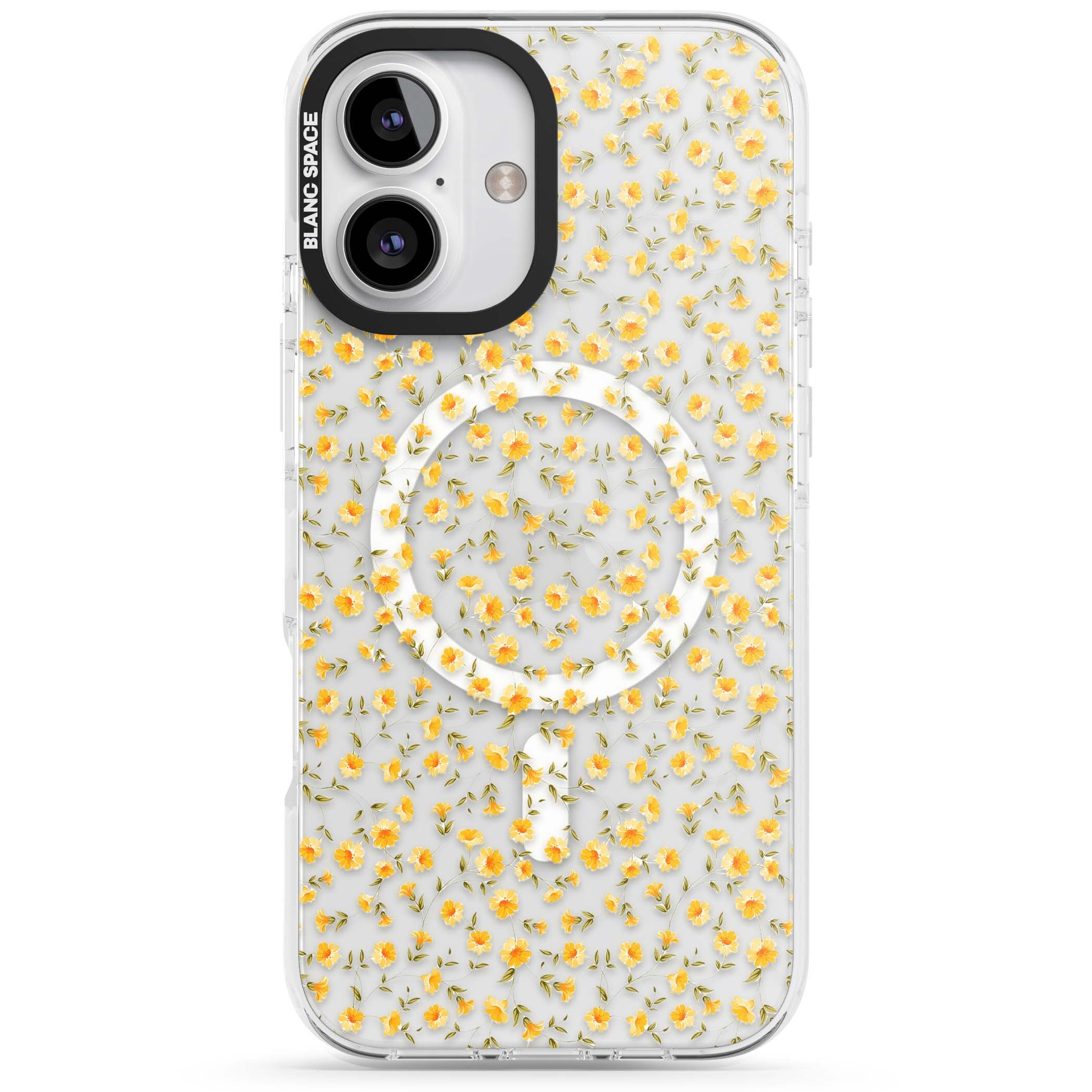 Buttercup wildflower iPhone case featuring tiny yellow flowers and trailing green vines on clear | Impact Magsafe case for iPhone 16, iPhone 16 Plus