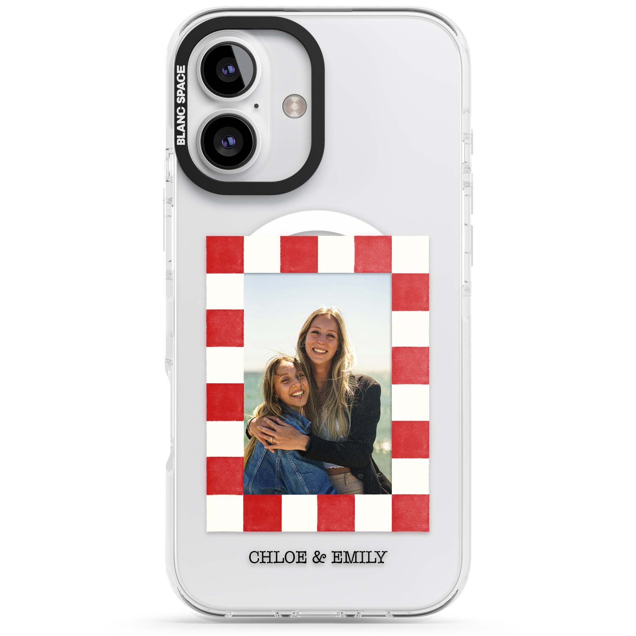 Red Check Photo personalised photo iPhone case with red and white checkered polaroid frame and custom couple name | Impact Magsafe case for iPhone 16, iPhone 16 Plus