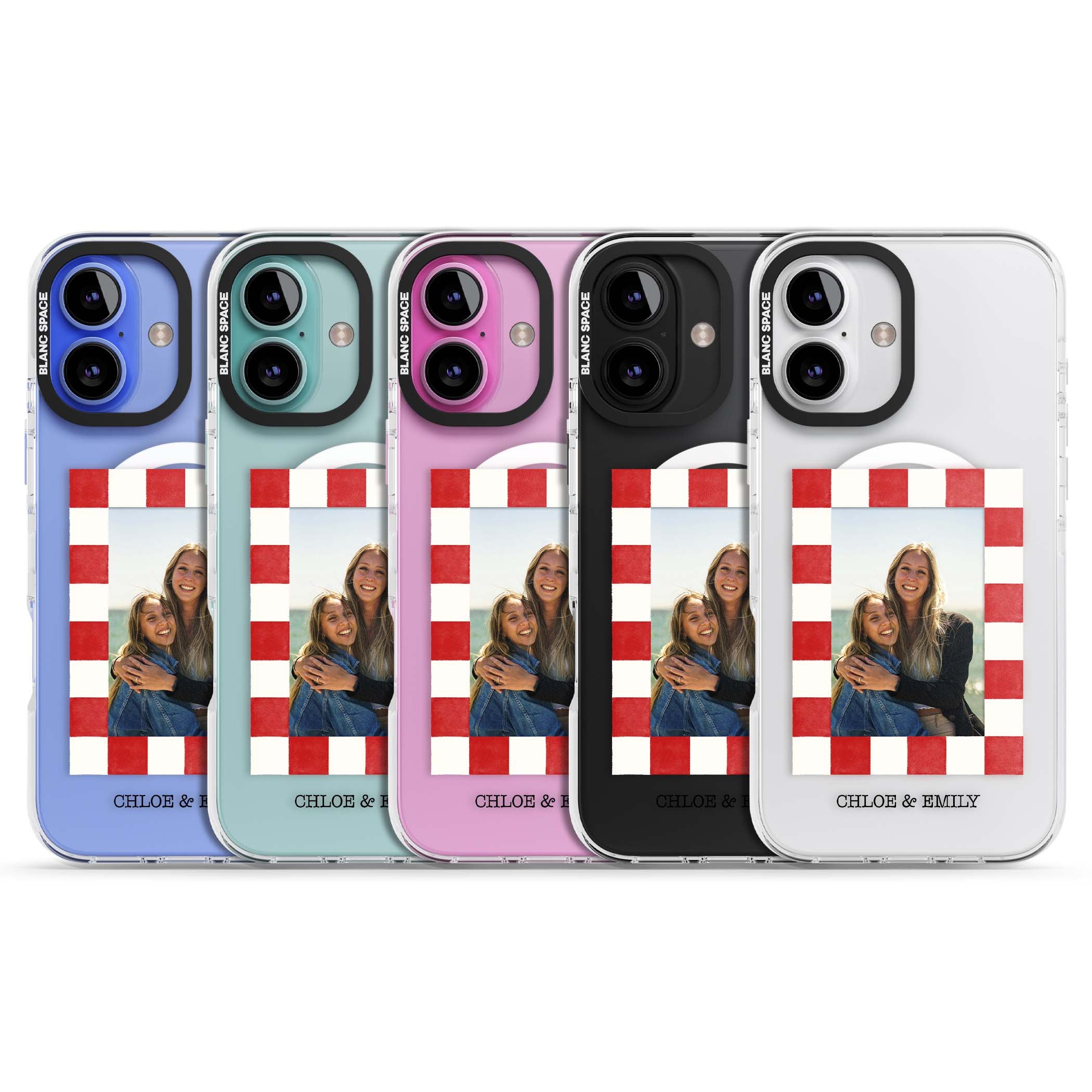 Red Check Photo personalised photo iPhone case with red and white checkered polaroid frame and custom couple name | Impact Magsafe case for iPhone 16, iPhone 16 Plus
