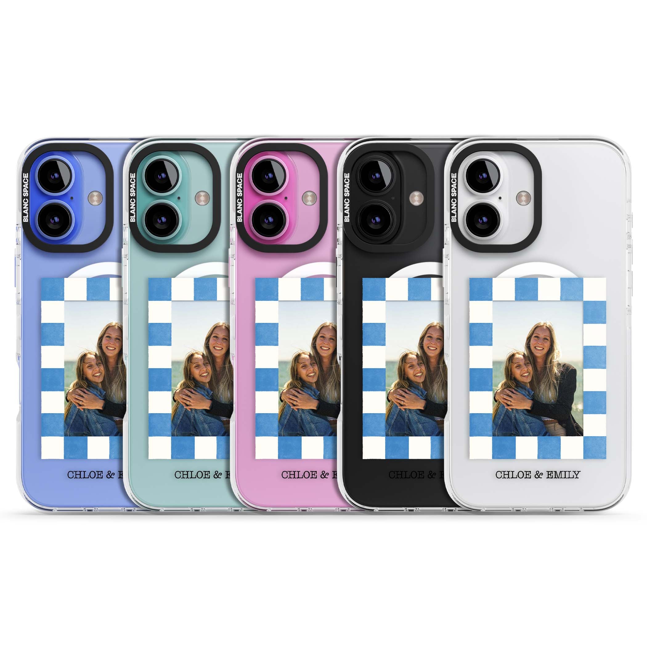 Blue Check Photo personalised photo iPhone case with blue checkered frame and custom couple names | Impact Magsafe case for iPhone 16, iPhone 16 Plus